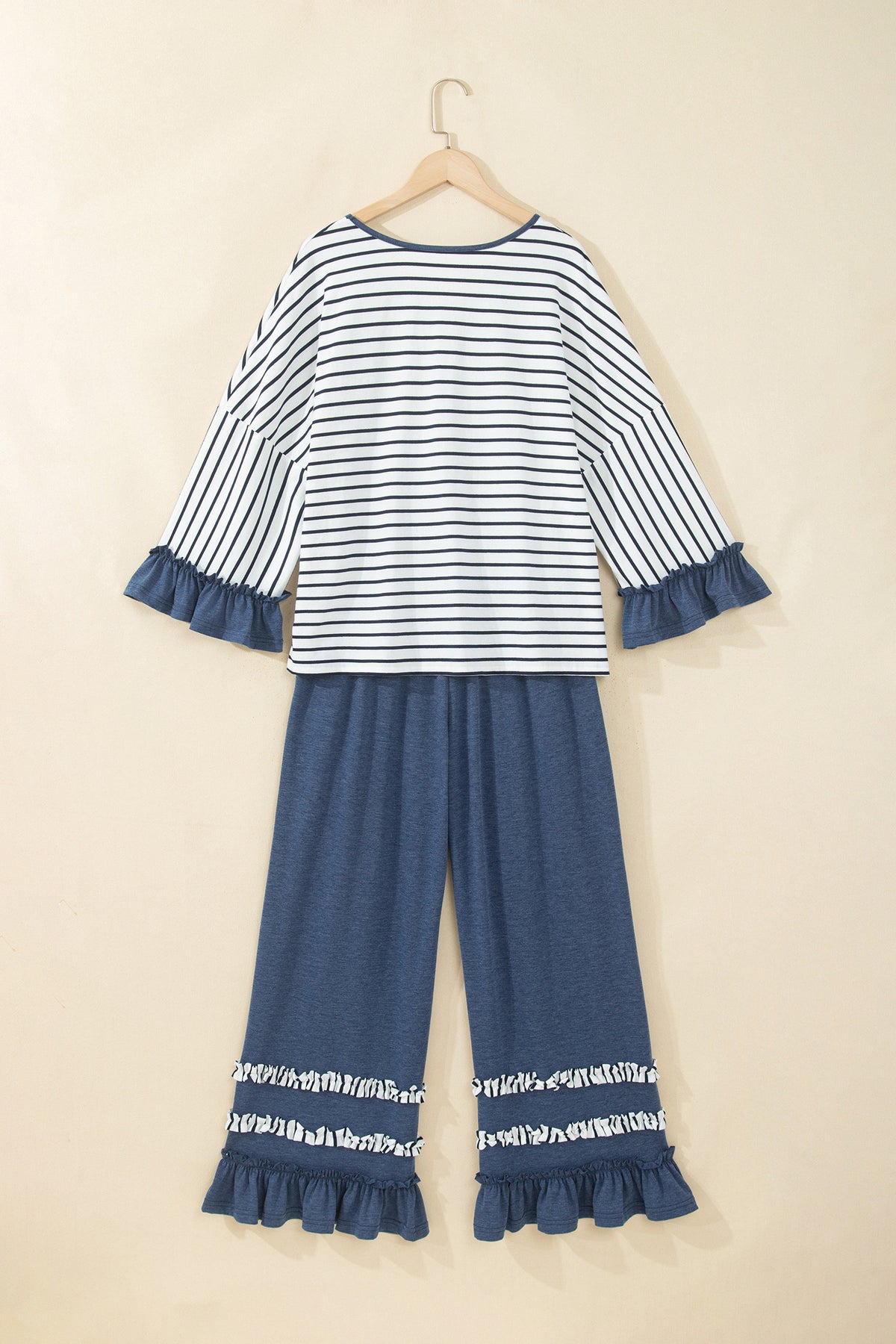Blue Stripe V Neck Ruffle Contrast Sleeve Top Drawstring Pants 2pcs Set-Two Piece Sets/Pant Sets-[Adult]-[Female]-2022 Online Blue Zone Planet