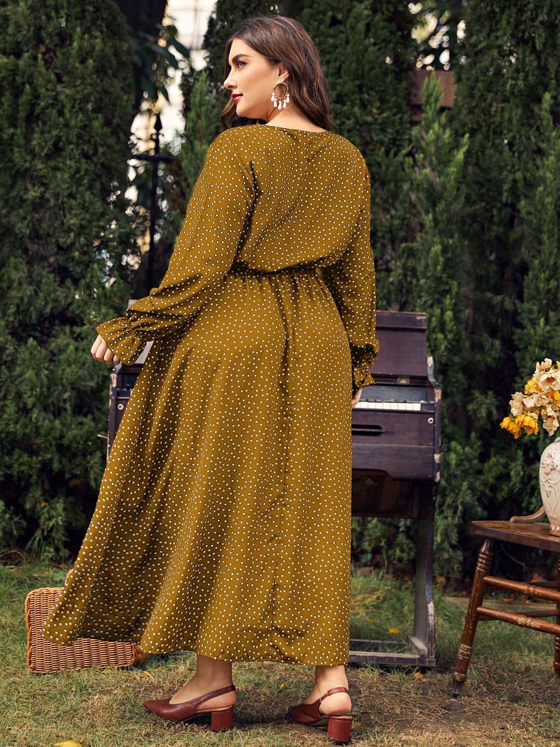 Plus Size Ruffled Polka Dot Long Sleeve Midi Dress-TOPS / DRESSES-[Adult]-[Female]-2022 Online Blue Zone Planet