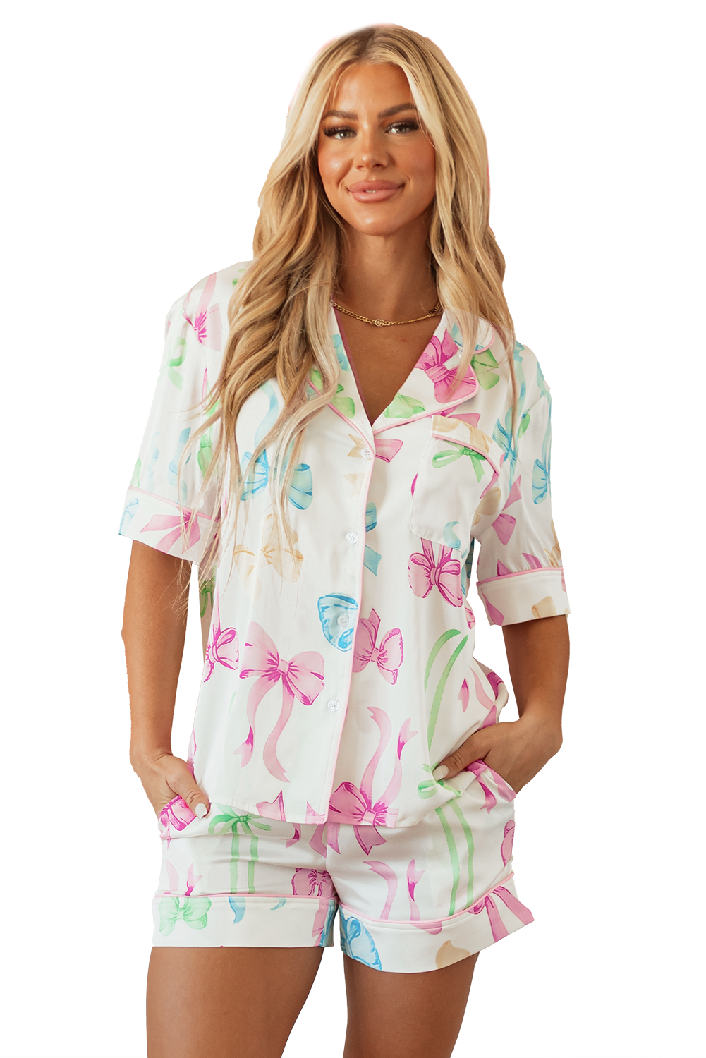 Blue Zone Planet | White Bowknot Print Buttoned Shirt High Waist Shorts Pajama Set-Loungewear & Sleepwear/Sleepwear-[Adult]-[Female]-2022 Online Blue Zone Planet