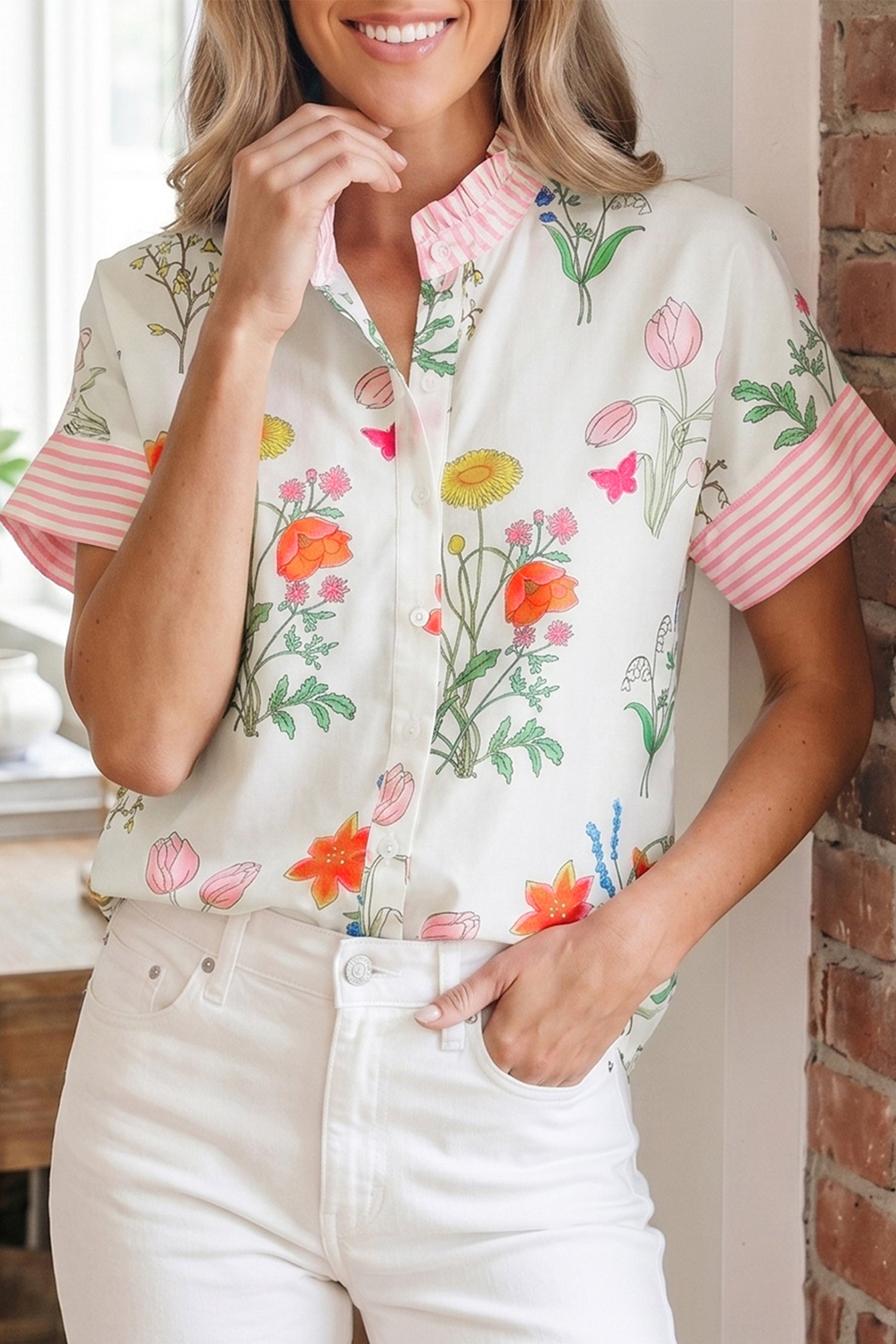 Beige Floral Striped Patchwork Ruffled Collar Short Sleeve Shirt-Tops/Blouses & Shirts-[Adult]-[Female]-2022 Online Blue Zone Planet