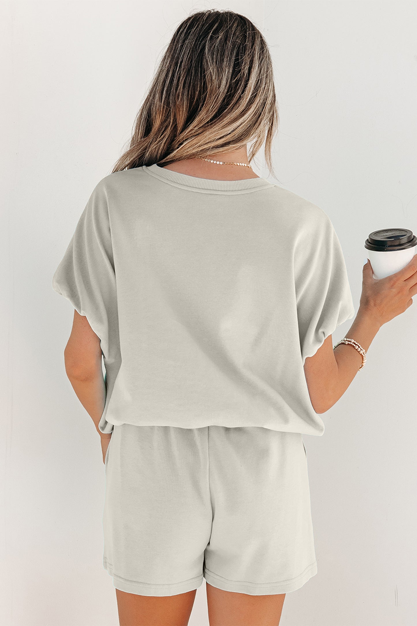 Smoke Gray Solid Color Puffy Loose Top Drawstring Shorts 2pcs Outfit-Two Piece Sets/Short Sets-[Adult]-[Female]-2022 Online Blue Zone Planet