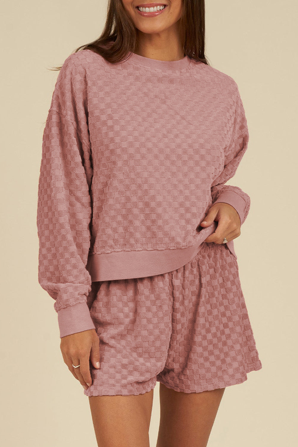 Blue Zone Planet | Blossom Checkered Textured Long Sleeve Top and Shorts Set-Two Piece Sets/Short Sets-[Adult]-[Female]-Blossom-S-2022 Online Blue Zone Planet