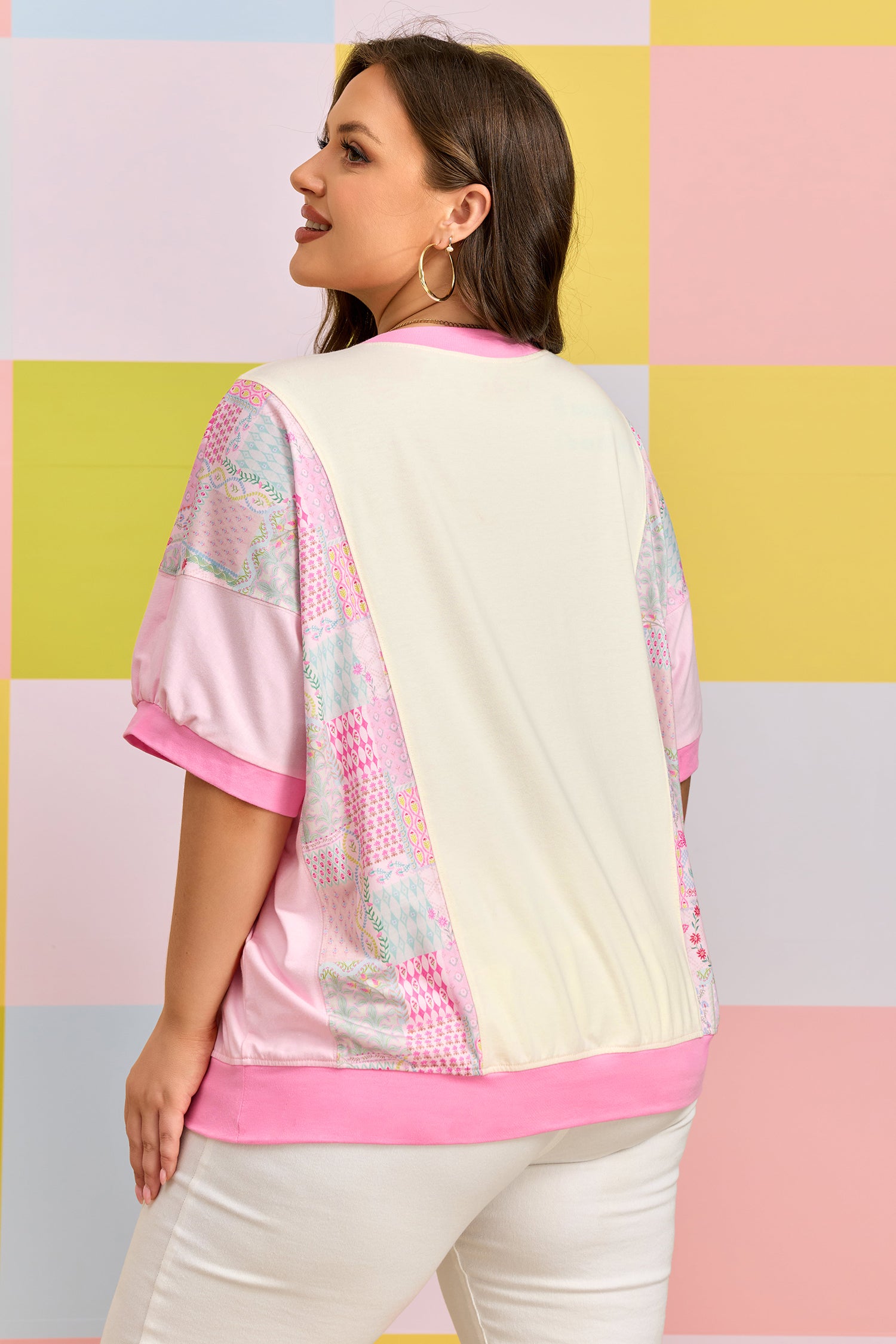 Beige Plus Size Floral Patchwork Short Sleeve Patch Embroidery Cotton T Shirt-Plus Size/Plus Size Tops/Plus Size Tops & Tees-[Adult]-[Female]-2022 Online Blue Zone Planet