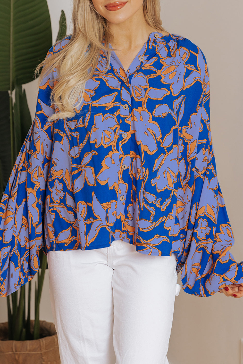 Blue Zone Planet | Blue Floral Print Batwing Sleeve Buttoned Loose Fit Shirt-Tops/Blouses & Shirts-[Adult]-[Female]-2022 Online Blue Zone Planet