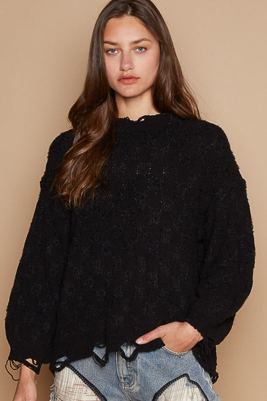 Blue Zone Planet | POL Cable Knit Cutout Long Sleeve Sweater-TOPS / DRESSES-[Adult]-[Female]-Black-S-2022 Online Blue Zone Planet