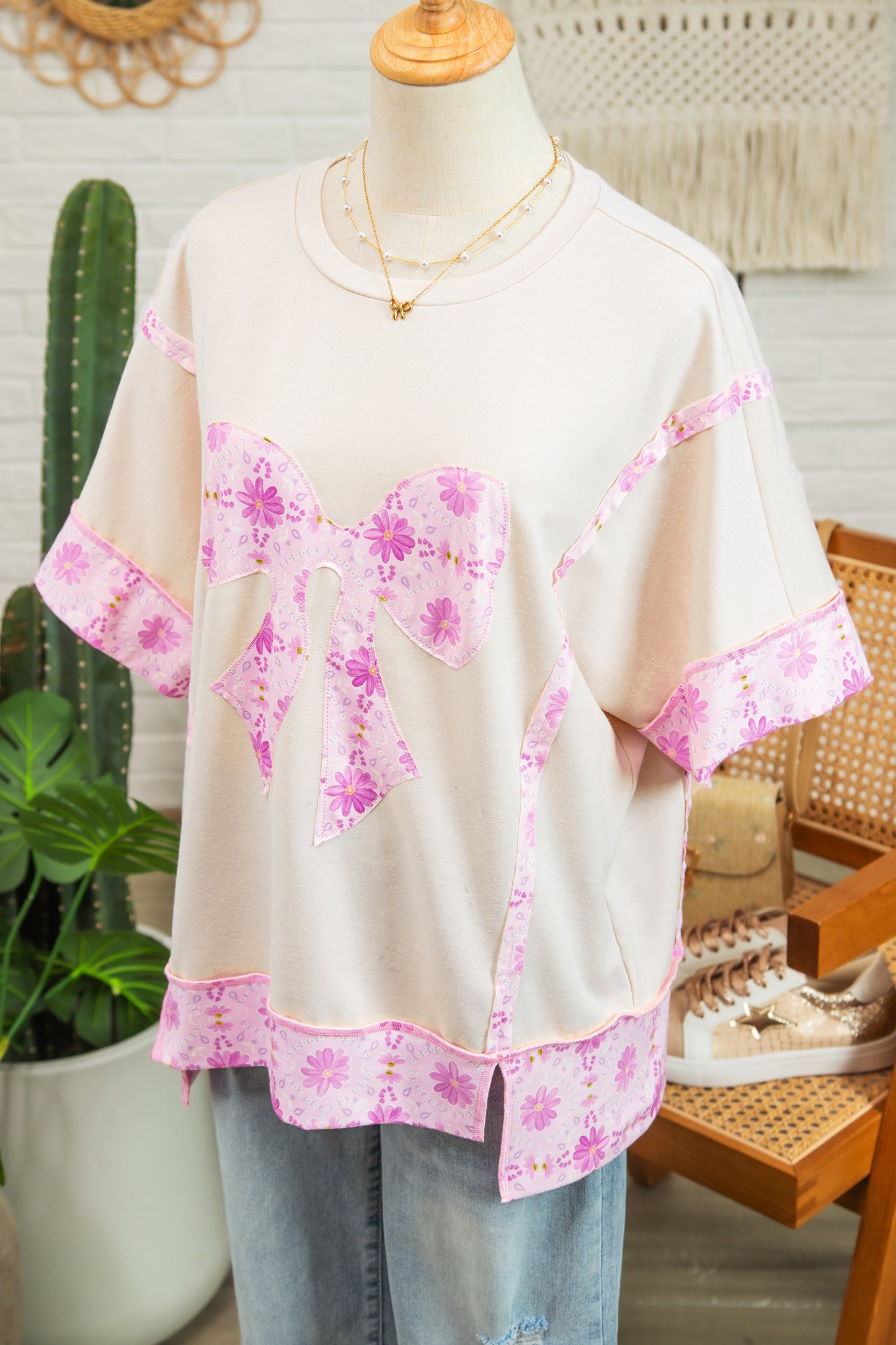 Apricot Daisy Floral Bow Contrast Patchwork Loose T Shirt-Tops/Tops & Tees-[Adult]-[Female]-2022 Online Blue Zone Planet