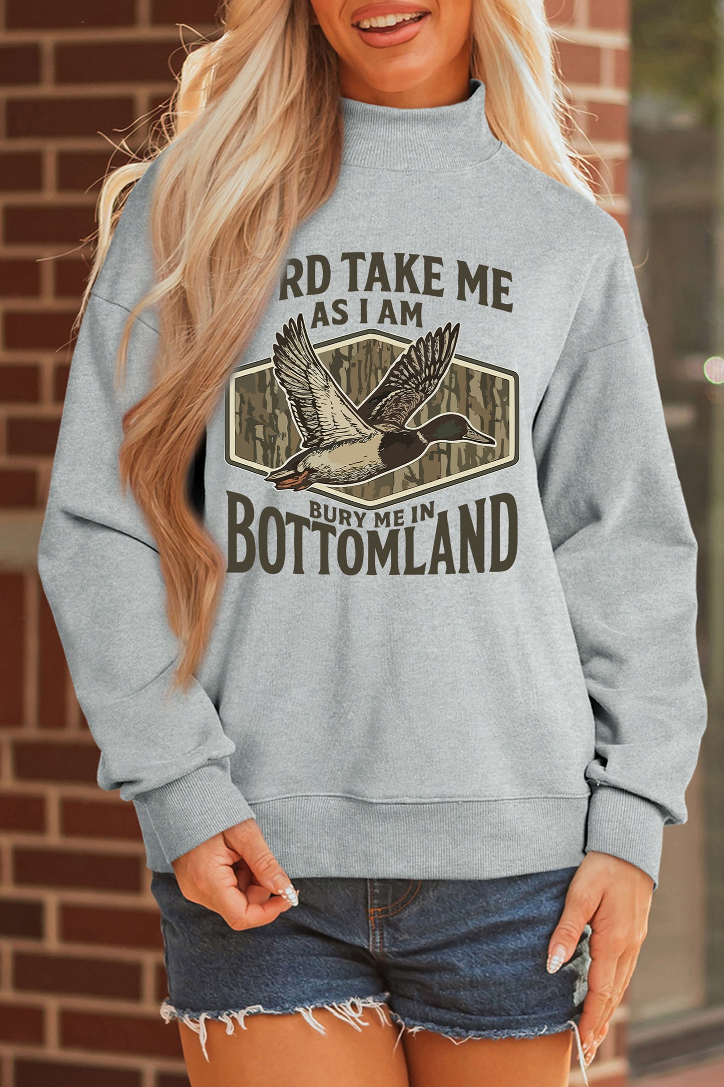 Gray Exposed Seam Mock Neck Western Print Duck Sweatshirt-Graphic/Graphic Sweatshirts-[Adult]-[Female]-2022 Online Blue Zone Planet