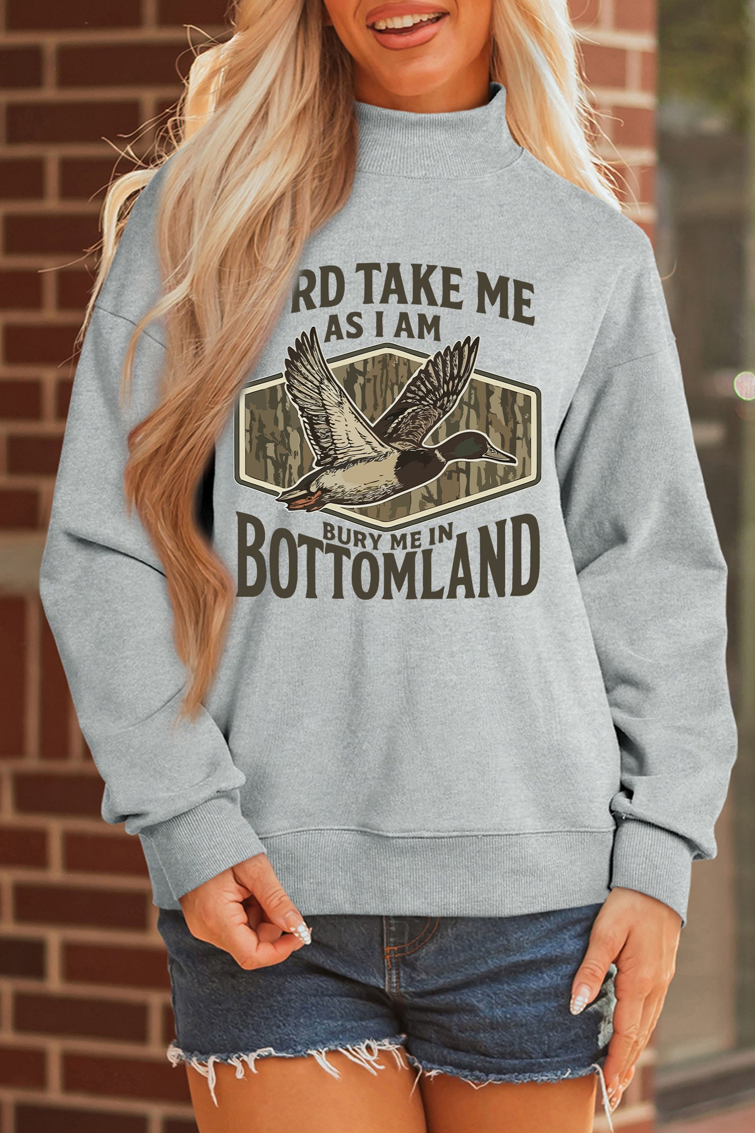 Gray Exposed Seam Mock Neck Western Print Duck Sweatshirt-Graphic/Graphic Sweatshirts-[Adult]-[Female]-2022 Online Blue Zone Planet