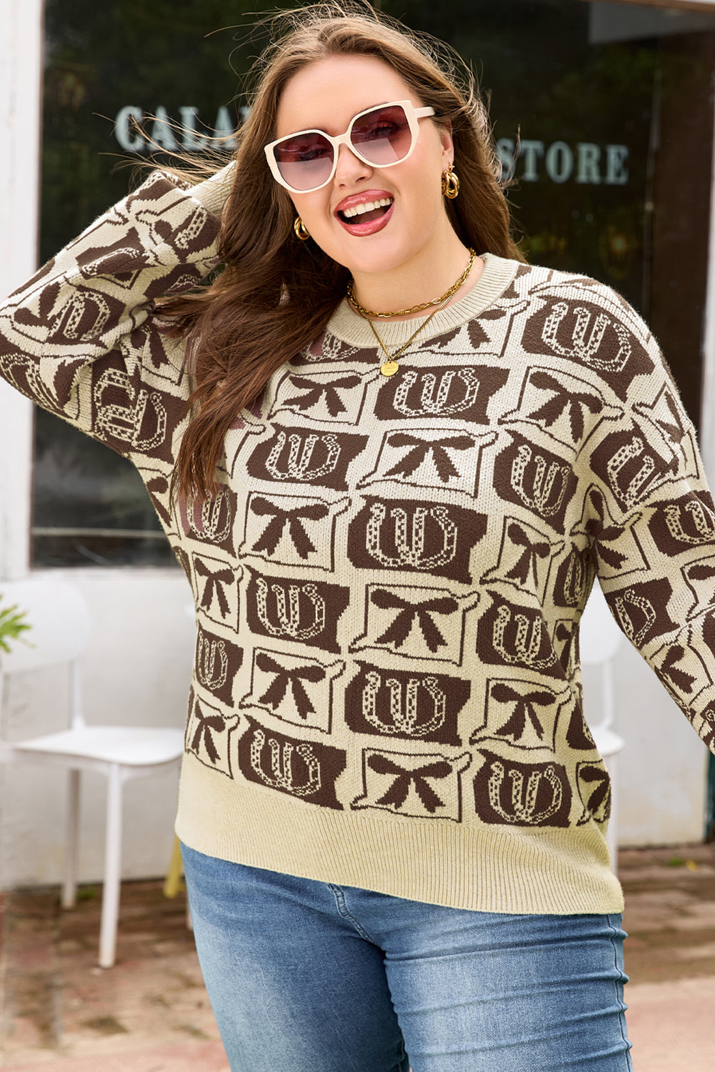 Brown Bow Horseshoe Print Checkered Plus Size Sweater-TOPS / DRESSES-[Adult]-[Female]-2022 Online Blue Zone Planet