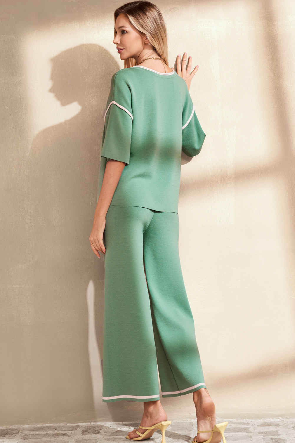 Canton Contrast Trim Half Sleeve Top Drawstring Pants Loose 2pcs Sweater Suit-TOPS / DRESSES-[Adult]-[Female]-2022 Online Blue Zone Planet