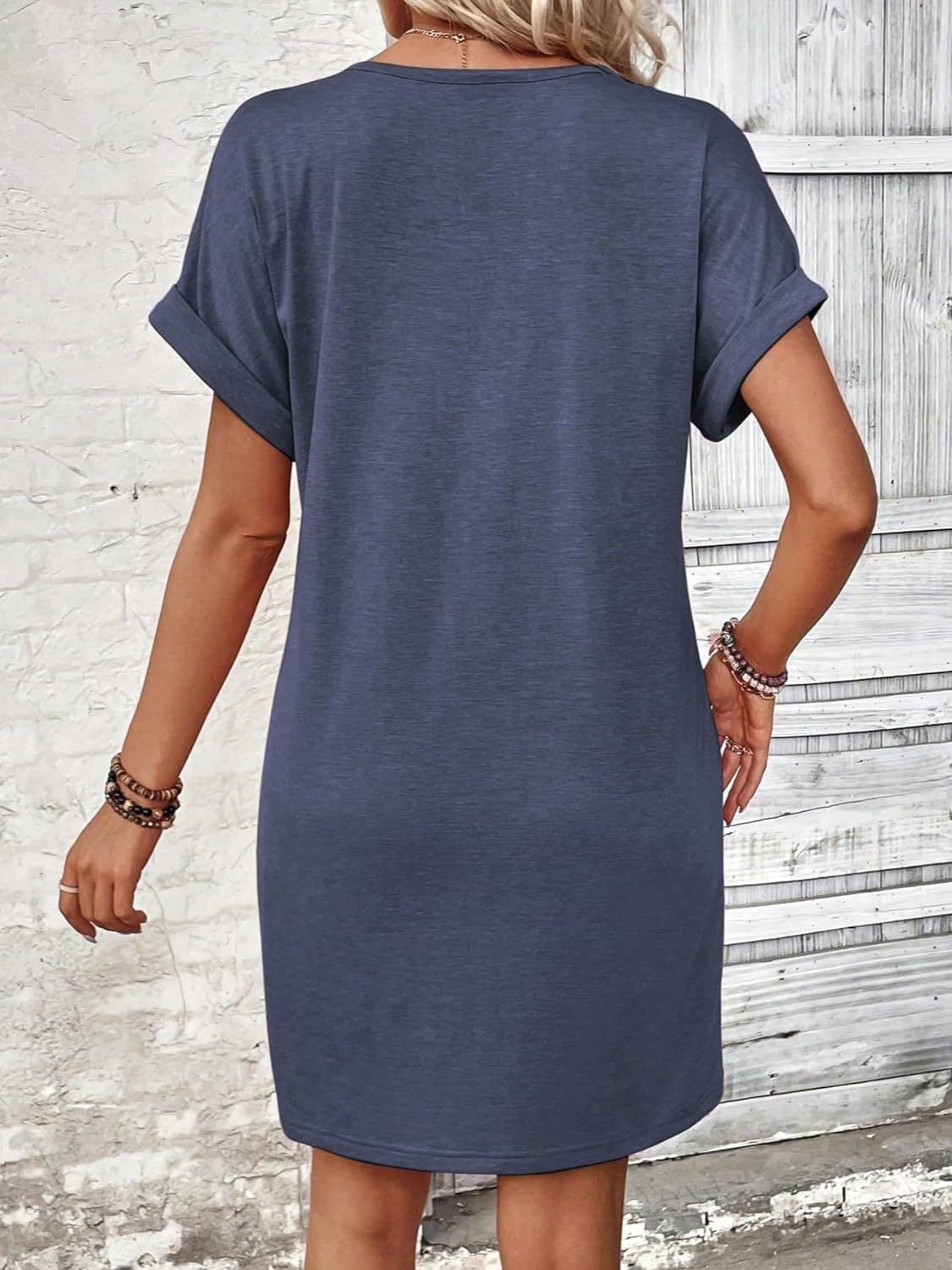 Quarter Button V-Neck Short Sleeve Dress-TOPS / DRESSES-[Adult]-[Female]-2022 Online Blue Zone Planet