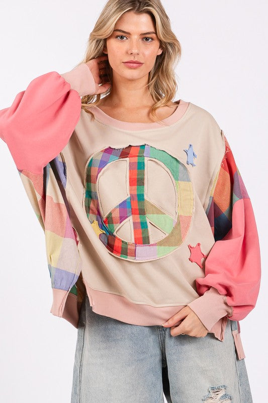 SAGE + FIG Full Size Contrast Peace Patch Dropped Shoulder Sweatshirt-TOPS / DRESSES-[Adult]-[Female]-2022 Online Blue Zone Planet