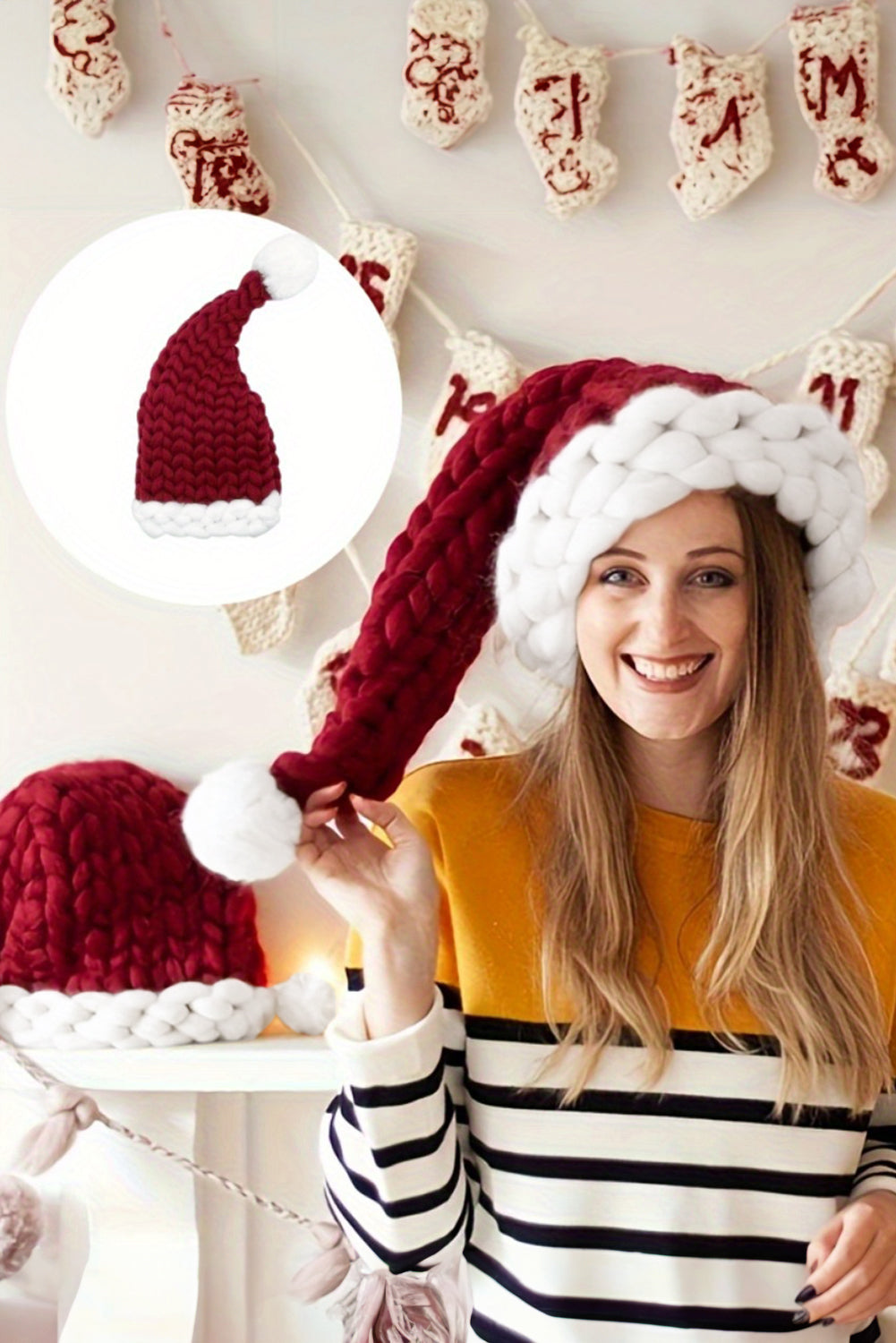 Blue Zone Planet | Red Dahlia Color Block Pom Pom Decor Chunky Knitted Christmas Hat-Accessories/Hats & Caps-[Adult]-[Female]-Red Dahlia-ONE SIZE-2022 Online Blue Zone Planet