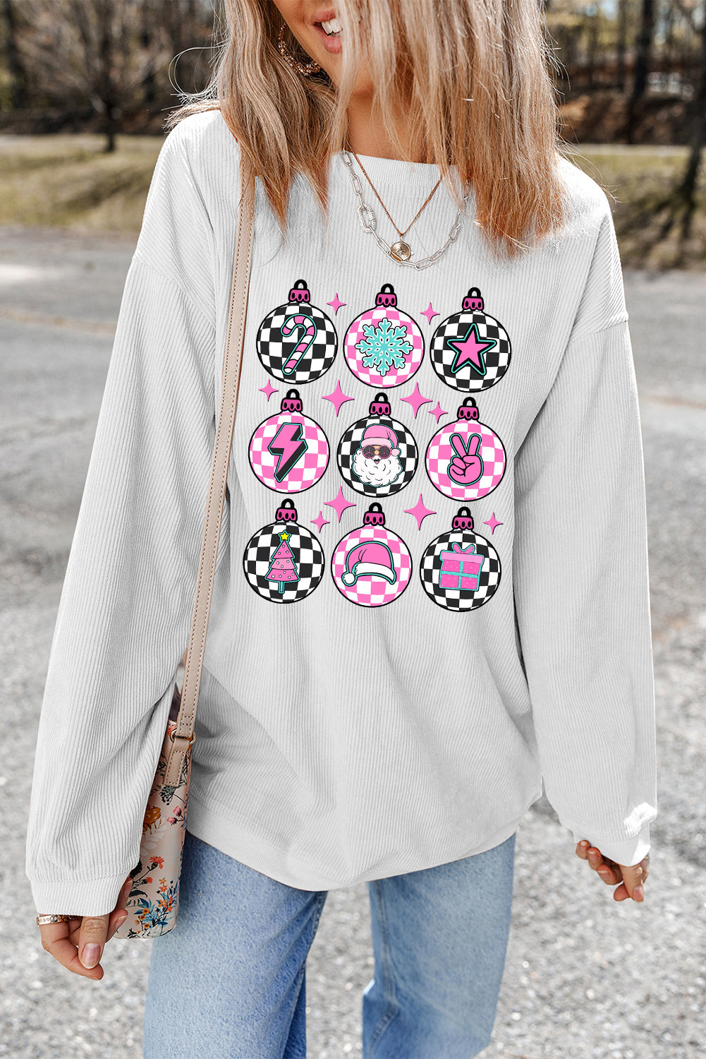 Blue Zone Planet | White Christmas Pattern Checkered Print Ribbed Pullover Sweatshirt-Graphic Sweatshirts-[Adult]-[Female]-2022 Online Blue Zone Planet