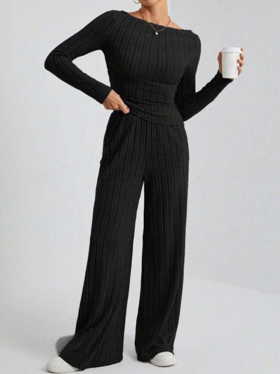 Ribbed Off-Shoulder Top and Pants Set-TOPS / DRESSES-[Adult]-[Female]-2022 Online Blue Zone Planet