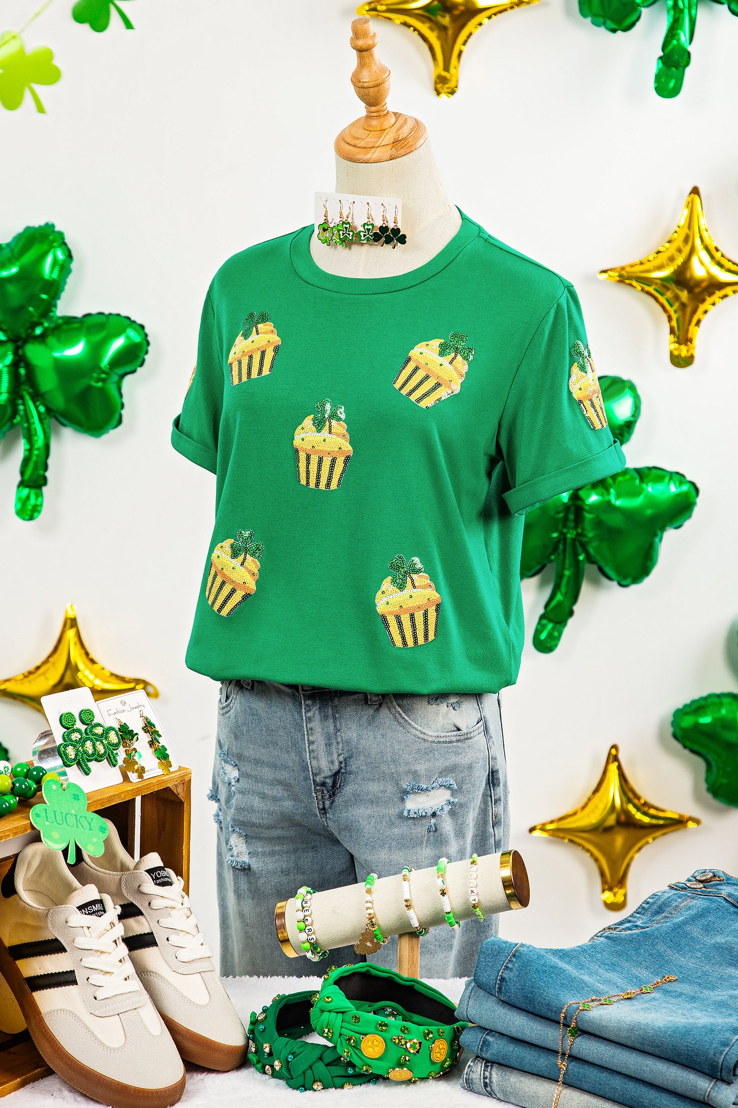 Bright Green St Patricks Day Sequin Cupcake Graphic T Shirt-Graphic/Graphic Tees-[Adult]-[Female]-2022 Online Blue Zone Planet