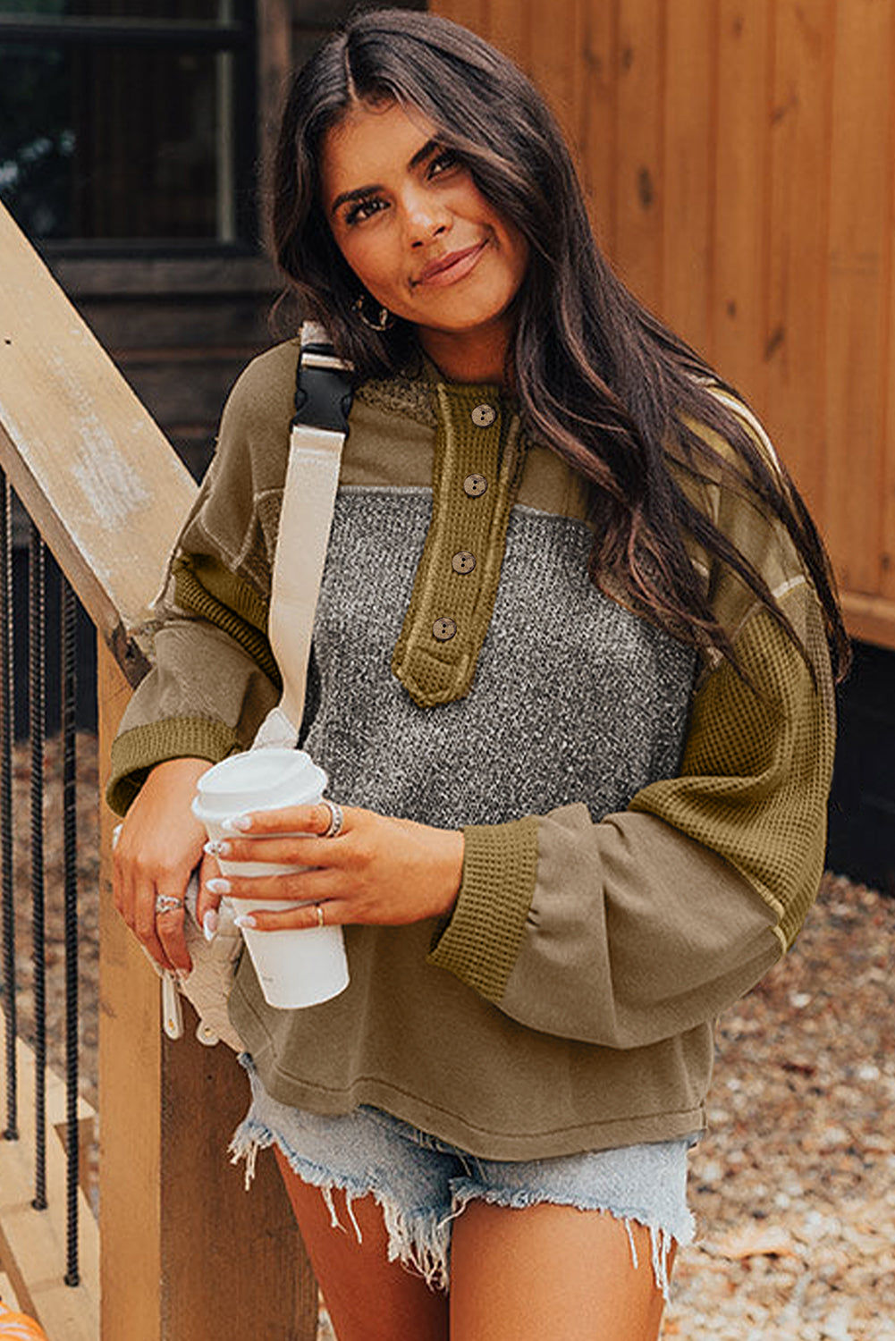 Jungle Green Mixed Texture Patchwork Exposed Seam Half Button Pullover Hooded Sweatshirt-Tops/Sweatshirts & Hoodies-[Adult]-[Female]-2022 Online Blue Zone Planet