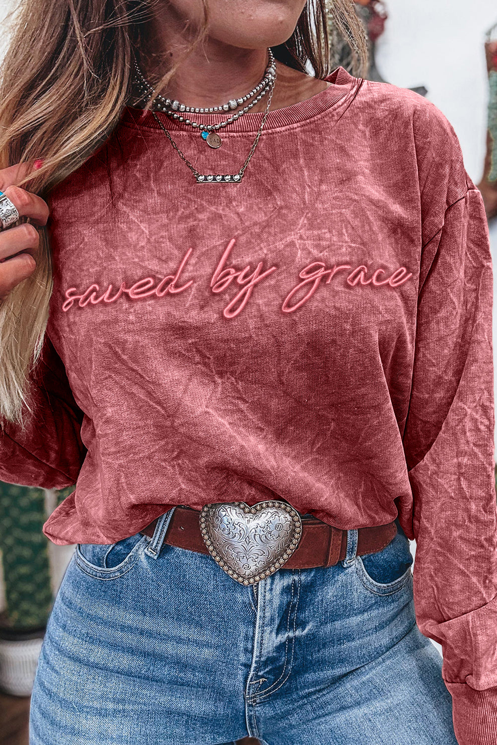 Mineral Red Saved By Grace Letter Embroidery Mineral Wash Loose Sweatshirt-Tops/Sweatshirts & Hoodies-[Adult]-[Female]-2022 Online Blue Zone Planet