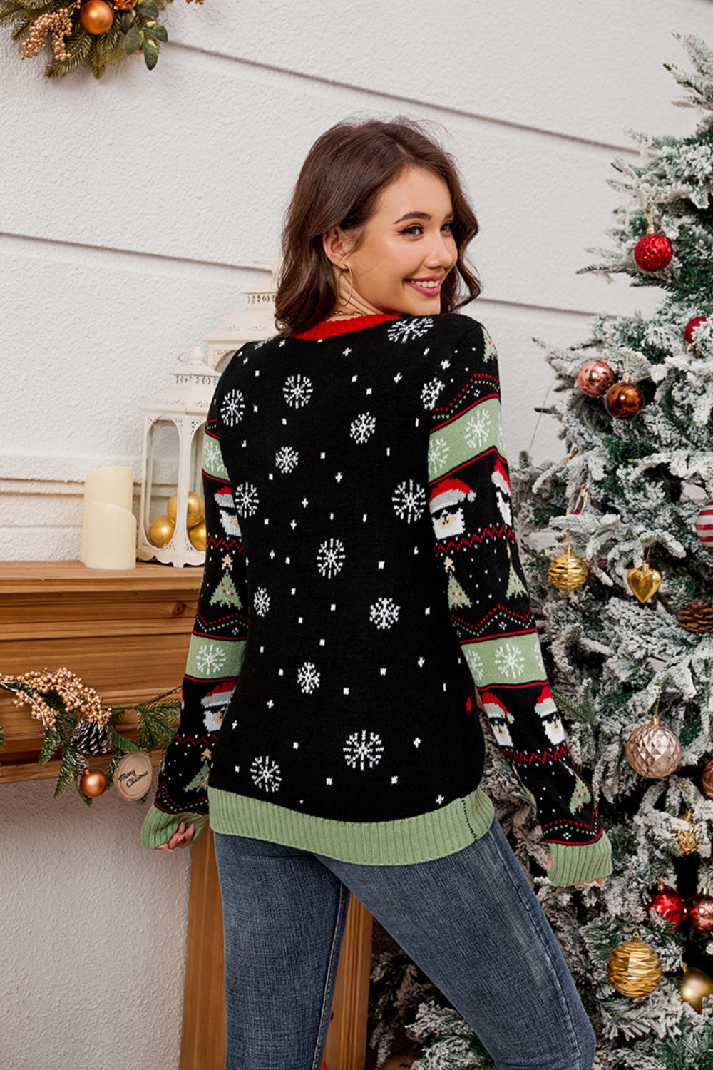 Blue Zone Planet | Contrast Christmas Pattern Round Neck Sweater-TOPS / DRESSES-[Adult]-[Female]-2022 Online Blue Zone Planet