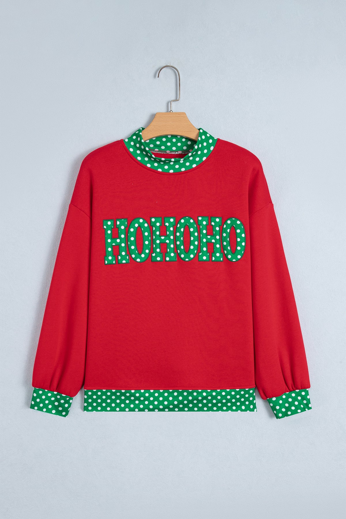 Fiery Red Polka Dot Letter Print Contrast Trim Mock Neck Sweatshirt-Tops/Sweatshirts & Hoodies-[Adult]-[Female]-2022 Online Blue Zone Planet