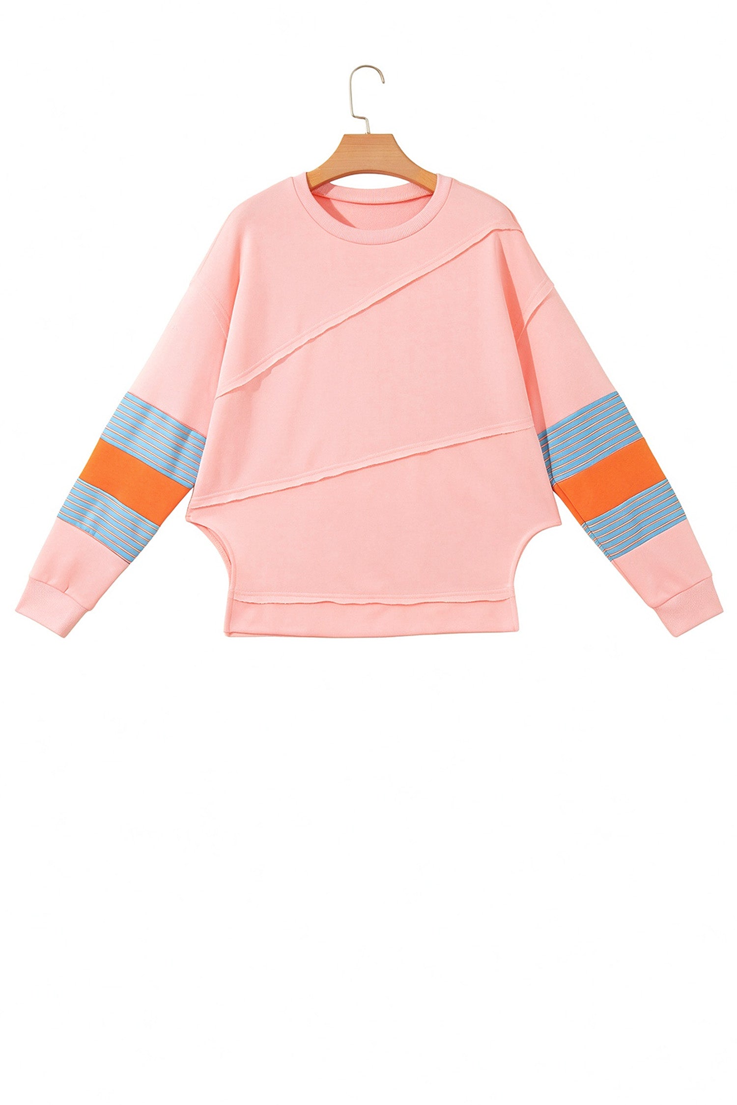 Pink Colorblock Striped Patchwork Long Sleeve Round Neck Blouse-Tops/Long Sleeve Tops-[Adult]-[Female]-2022 Online Blue Zone Planet