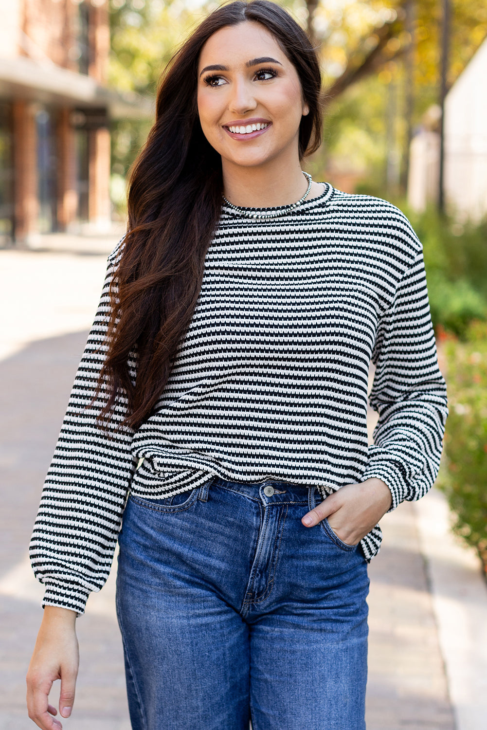 Rose Stripe Round Neck Drop Shoulder Long Sleeve Top-Tops/Long Sleeve Tops-[Adult]-[Female]-2022 Online Blue Zone Planet