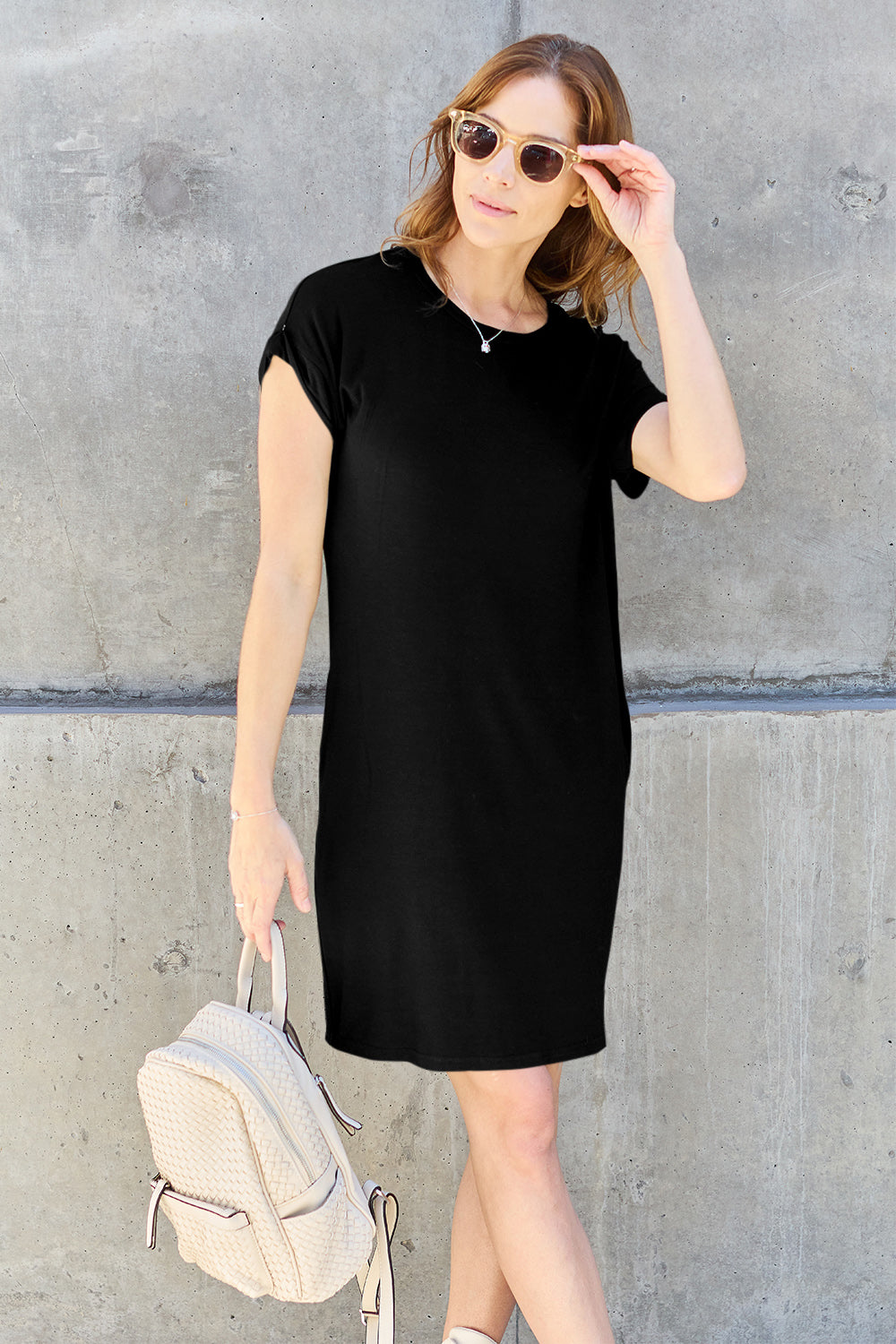 Basic Bae Bamboo Full Size Round Neck Short Sleeve Dress with Pockets-TOPS / DRESSES-[Adult]-[Female]-Black-S-2022 Online Blue Zone Planet