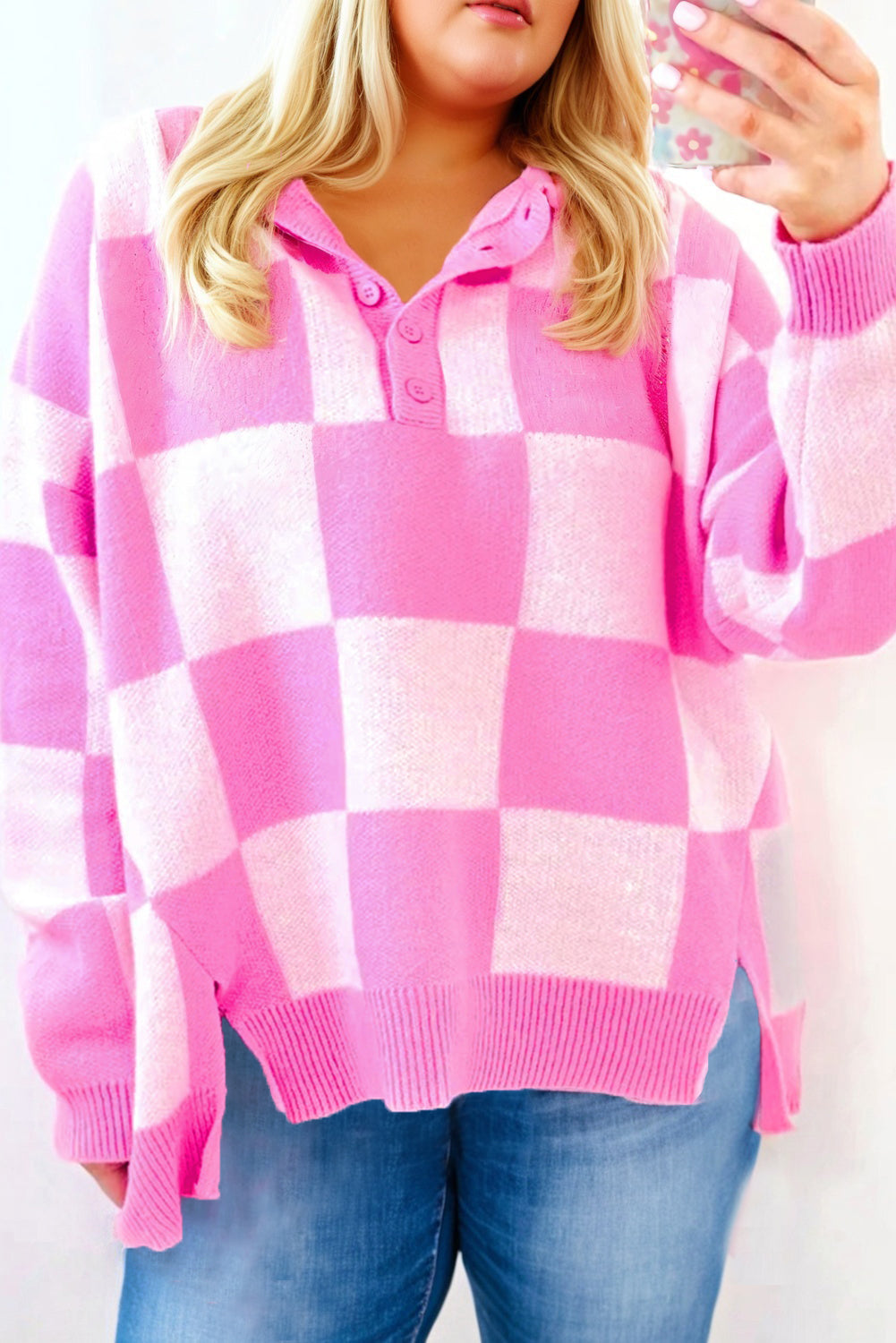 Pink Plus Size Checkered Collared Half Button Sweater-TOPS / DRESSES-[Adult]-[Female]-Pink-1X-2022 Online Blue Zone Planet