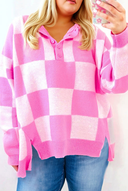 Pink Plus Size Checkered Collared Half Button Sweater-TOPS / DRESSES-[Adult]-[Female]-Pink-1X-2022 Online Blue Zone Planet