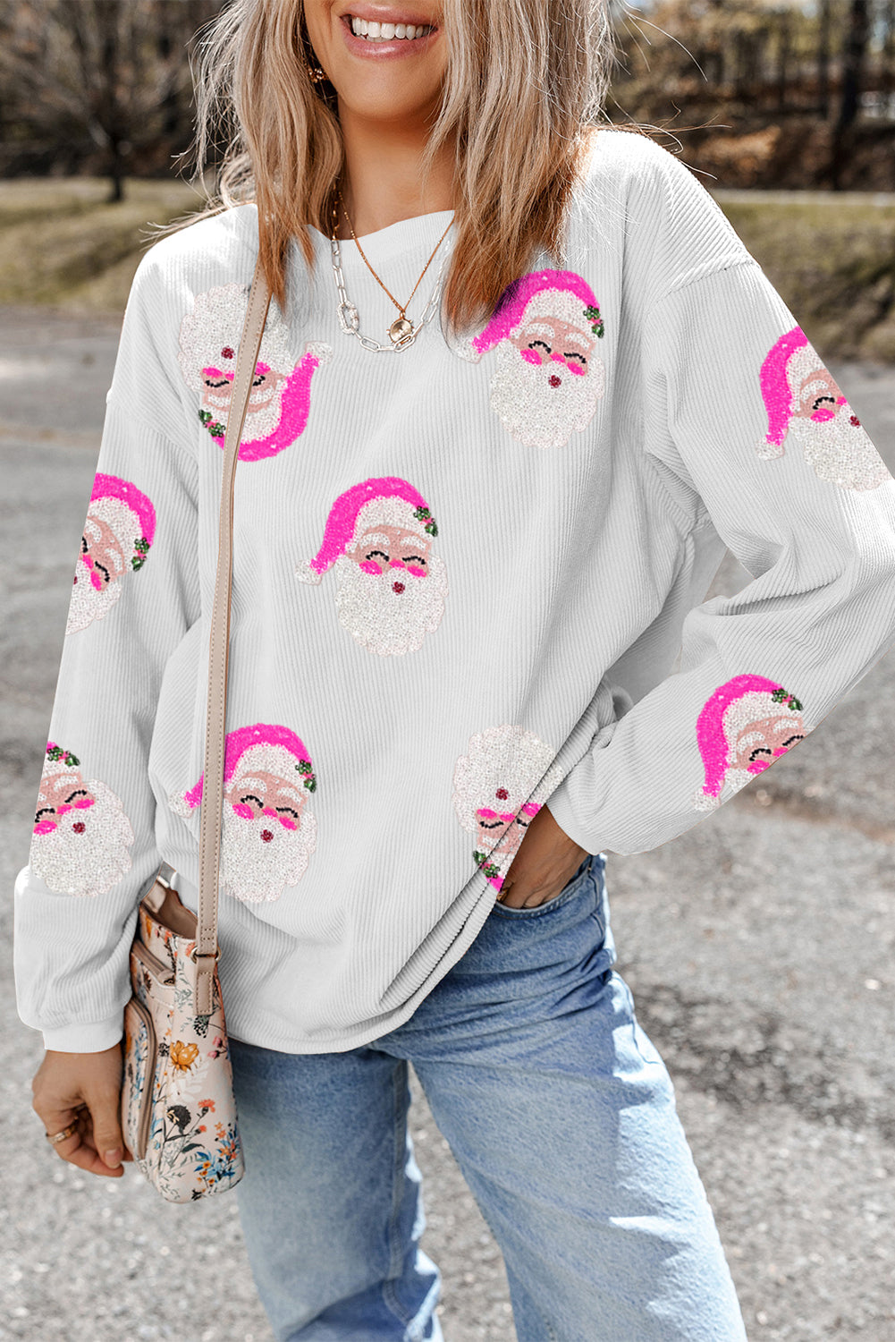 Blue Zone Planet | White Sequin Santa Claus Ribbed Oversized Graphic Sweatshirt-Graphic Sweatshirts-[Adult]-[Female]-2022 Online Blue Zone Planet