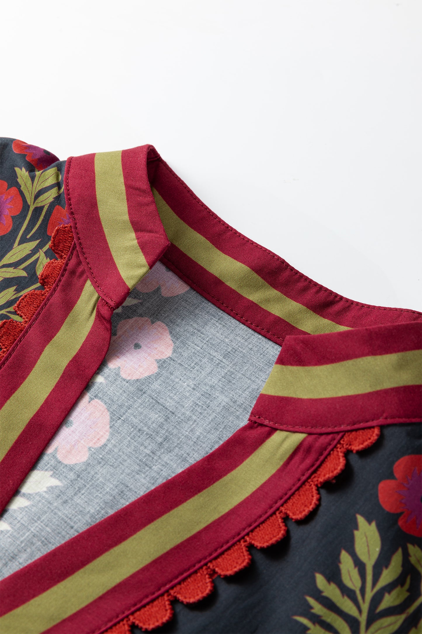 Black Floral Short Bubble Sleeve Contrast Slit Neckline Blouse-Tops/Blouses & Shirts-[Adult]-[Female]-2022 Online Blue Zone Planet