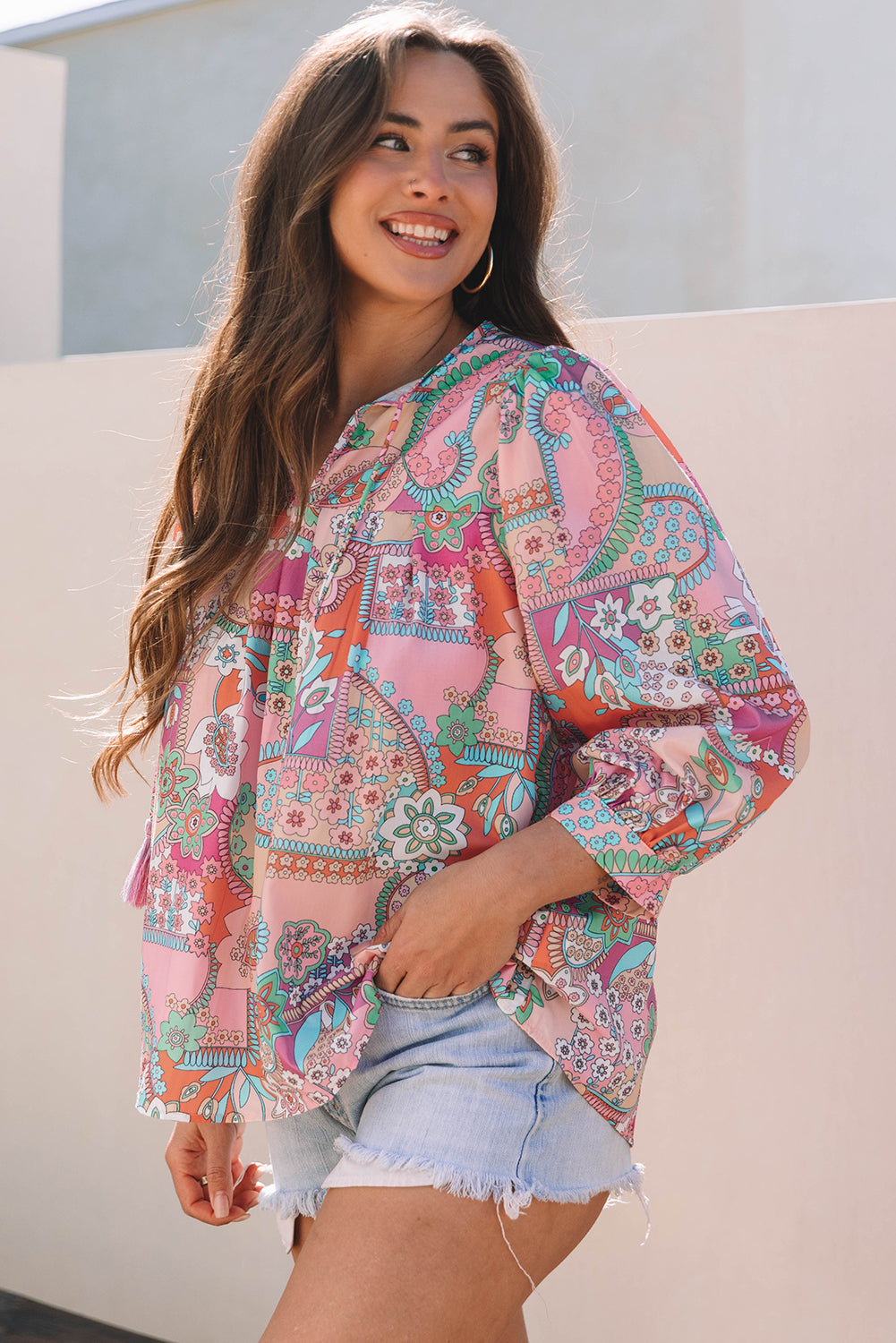 Multicolour Boho Floral Bubble Sleeve Tassel Tied Neck Pleated Blouse-Tops/Blouses & Shirts-[Adult]-[Female]-2022 Online Blue Zone Planet