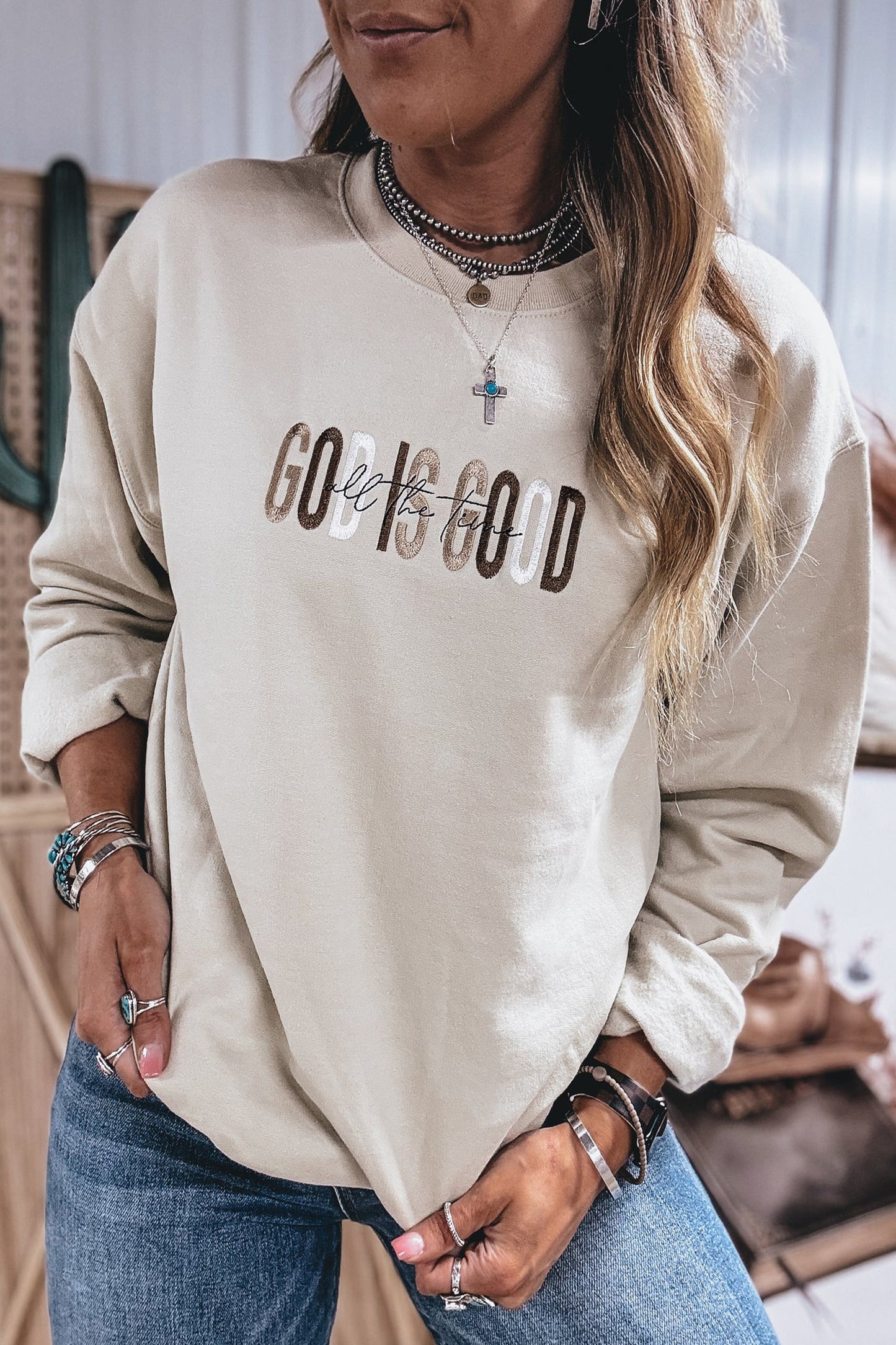 Jet Stream GOD IS GOOD Western Embroidered Letter Crewneck Pullover Sweatshirt-Tops/Sweatshirts & Hoodies-[Adult]-[Female]-2022 Online Blue Zone Planet