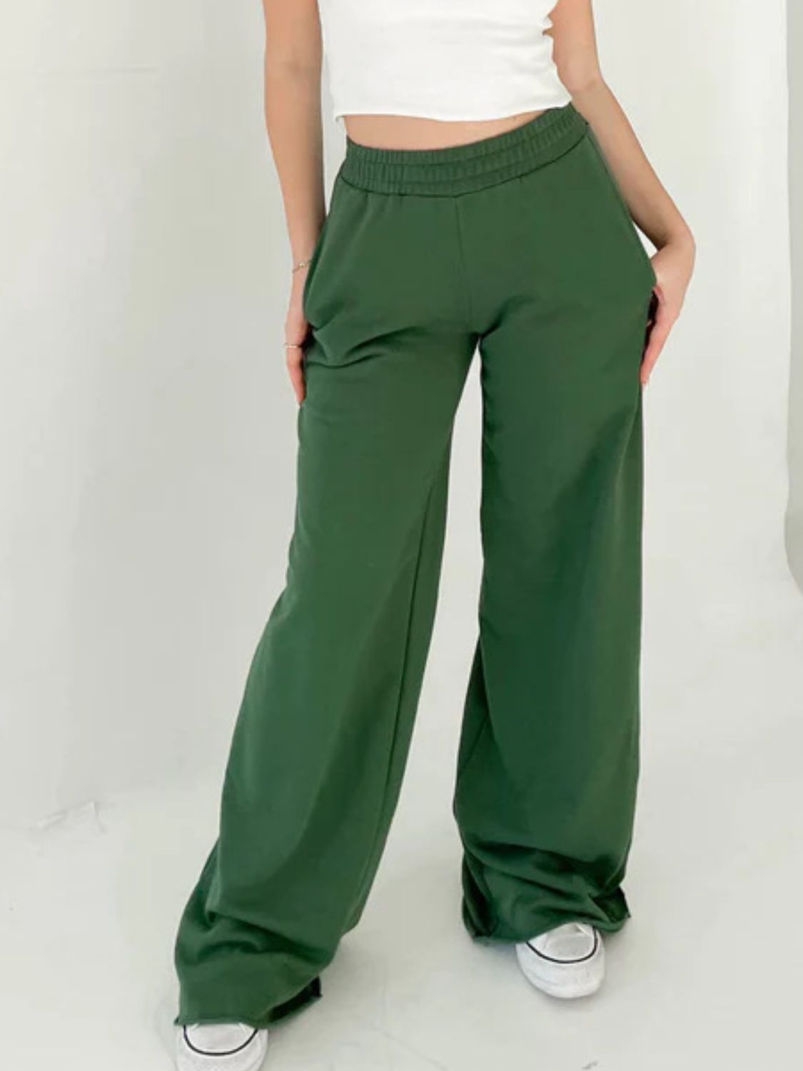 Blue Zone Planet | Elastic Waist Wide Leg Pants-BOTTOMS SIZES SMALL MEDIUM LARGE-[Adult]-[Female]-Dark Green-S-2022 Online Blue Zone Planet