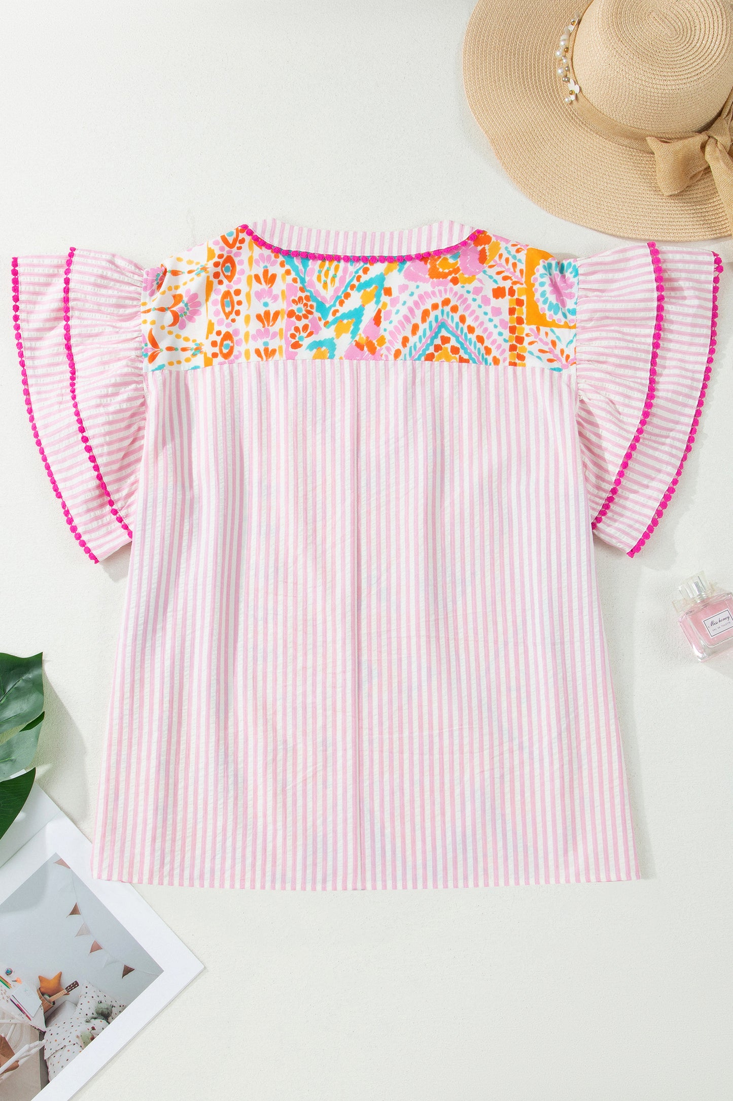Rose Plus Size Geometric Print Contrast Trim Striped V Neck Blouse-Plus Size/Plus Size Tops/Plus Size Blouses & Shirts-[Adult]-[Female]-2022 Online Blue Zone Planet
