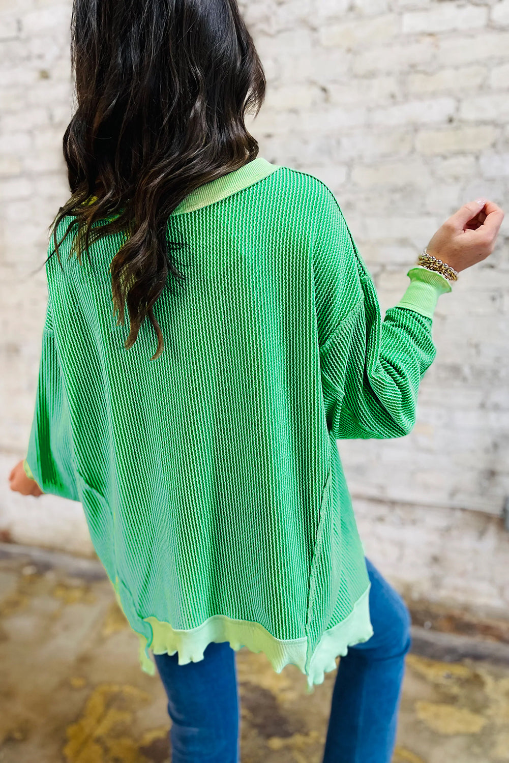 Bright Green Twisted Rib Uneven Hem Drop Shoulder Loose Knit Top-Tops/Long Sleeve Tops-[Adult]-[Female]-2022 Online Blue Zone Planet