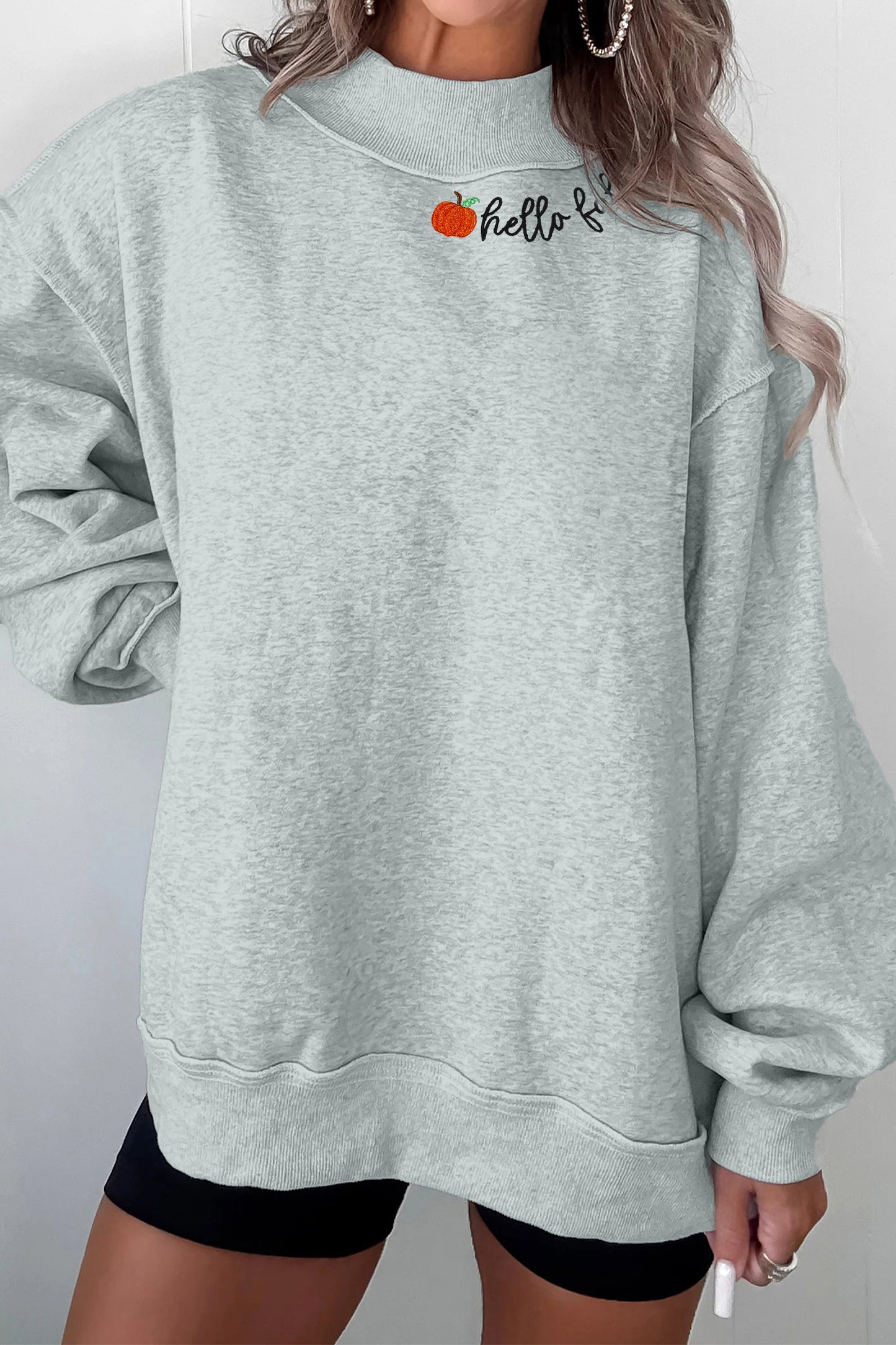 Gray hello fall Embroidered Pumpkin Detail Mock Neck Sweatshirt-Graphic/Graphic Sweatshirts-[Adult]-[Female]-2022 Online Blue Zone Planet