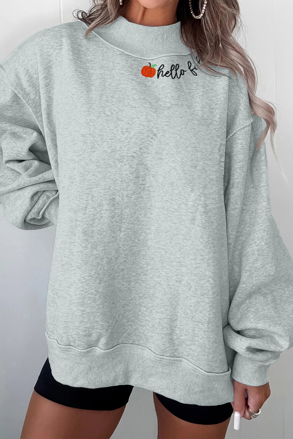Gray hello fall Embroidered Pumpkin Detail Mock Neck Sweatshirt-Graphic/Graphic Sweatshirts-[Adult]-[Female]-2022 Online Blue Zone Planet