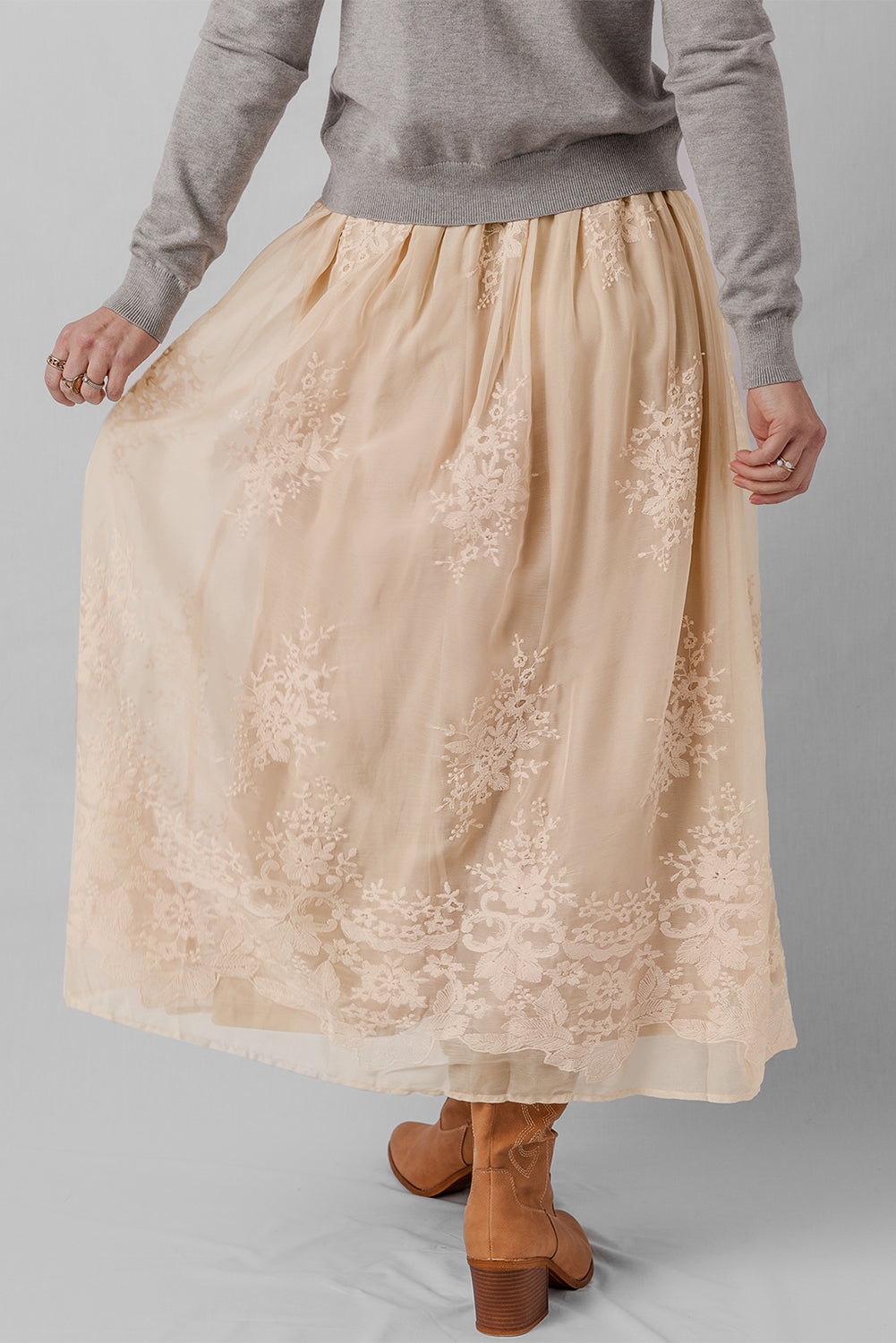 Oatmeal Embroidered Mesh Overlay Flowy Long Skirt-Bottoms/Skirts & Petticoat-[Adult]-[Female]-2022 Online Blue Zone Planet
