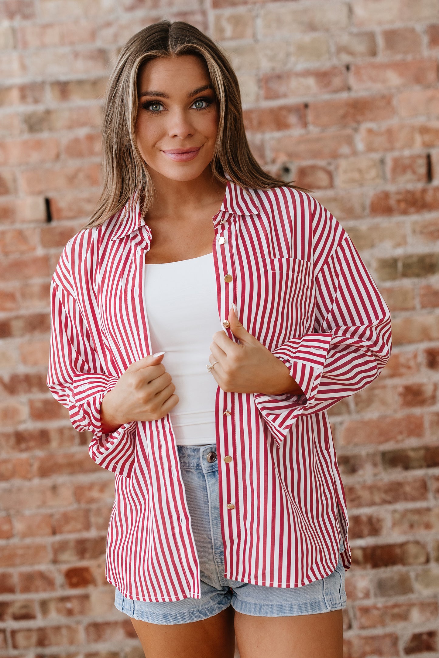 Red Stripe Patched Pocket Side Slit Loose Shirt-Tops/Blouses & Shirts-[Adult]-[Female]-2022 Online Blue Zone Planet