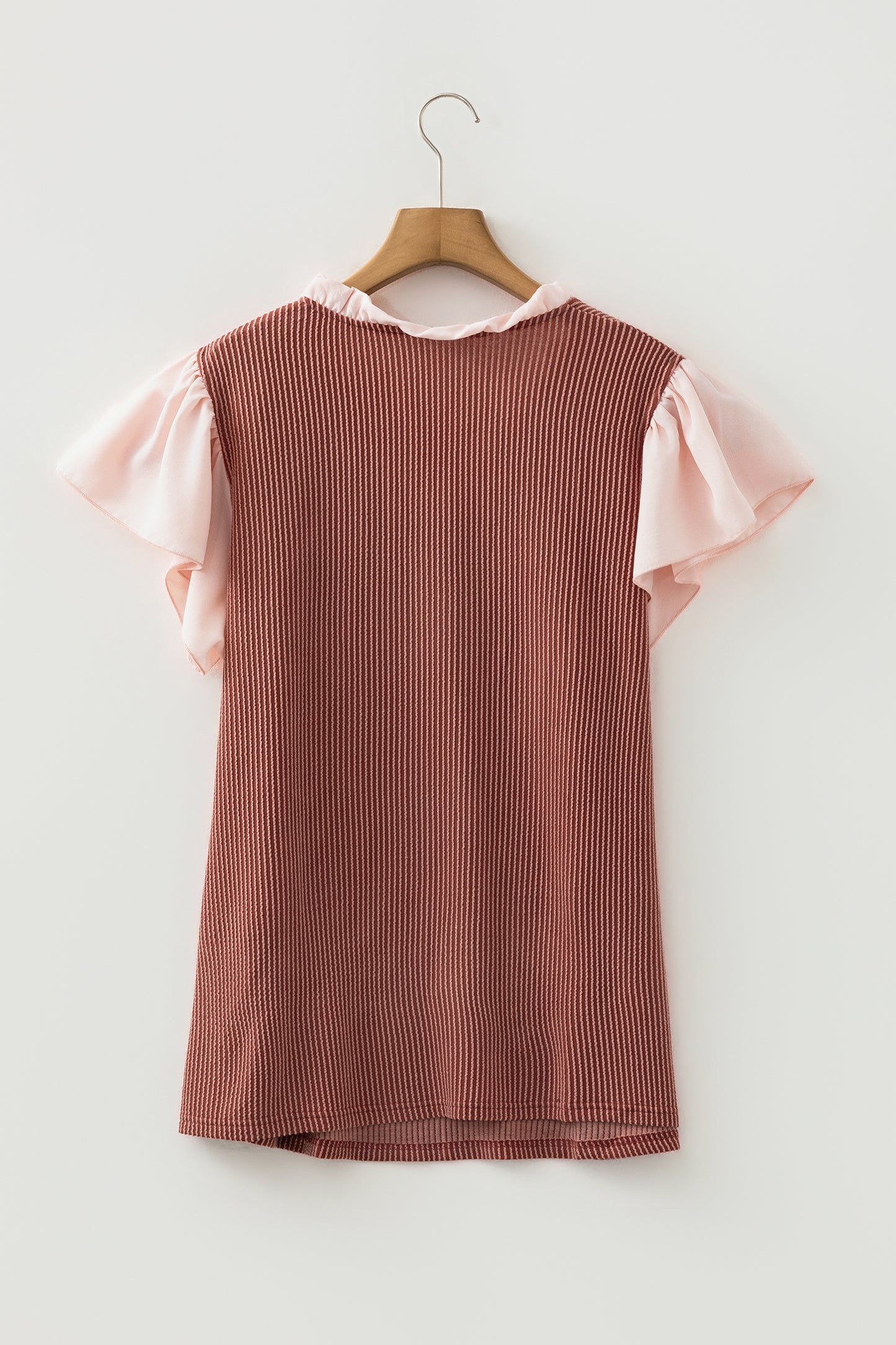 Rose Pink Plus Size Contrast Frilled Neckline Ruffled Short Sleeve Ribbed Textured Blouse-Plus Size/Plus Size Tops/Plus Size Blouses & Shirts-[Adult]-[Female]-2022 Online Blue Zone Planet