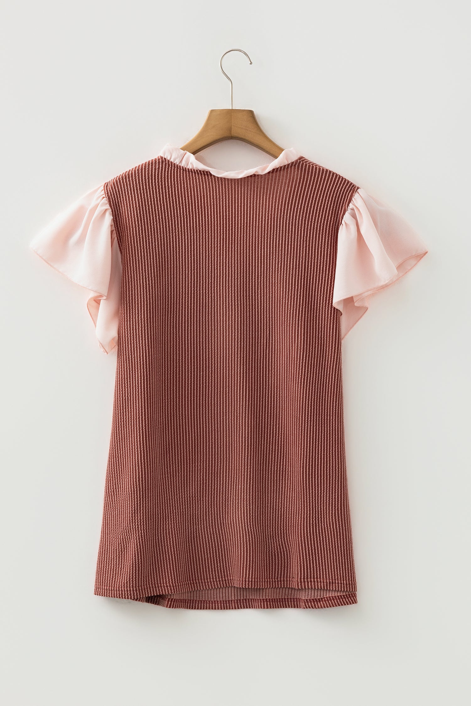 Rose Pink Plus Size Contrast Frilled Neckline Ruffled Short Sleeve Ribbed Textured Blouse-Plus Size/Plus Size Tops/Plus Size Blouses & Shirts-[Adult]-[Female]-2022 Online Blue Zone Planet