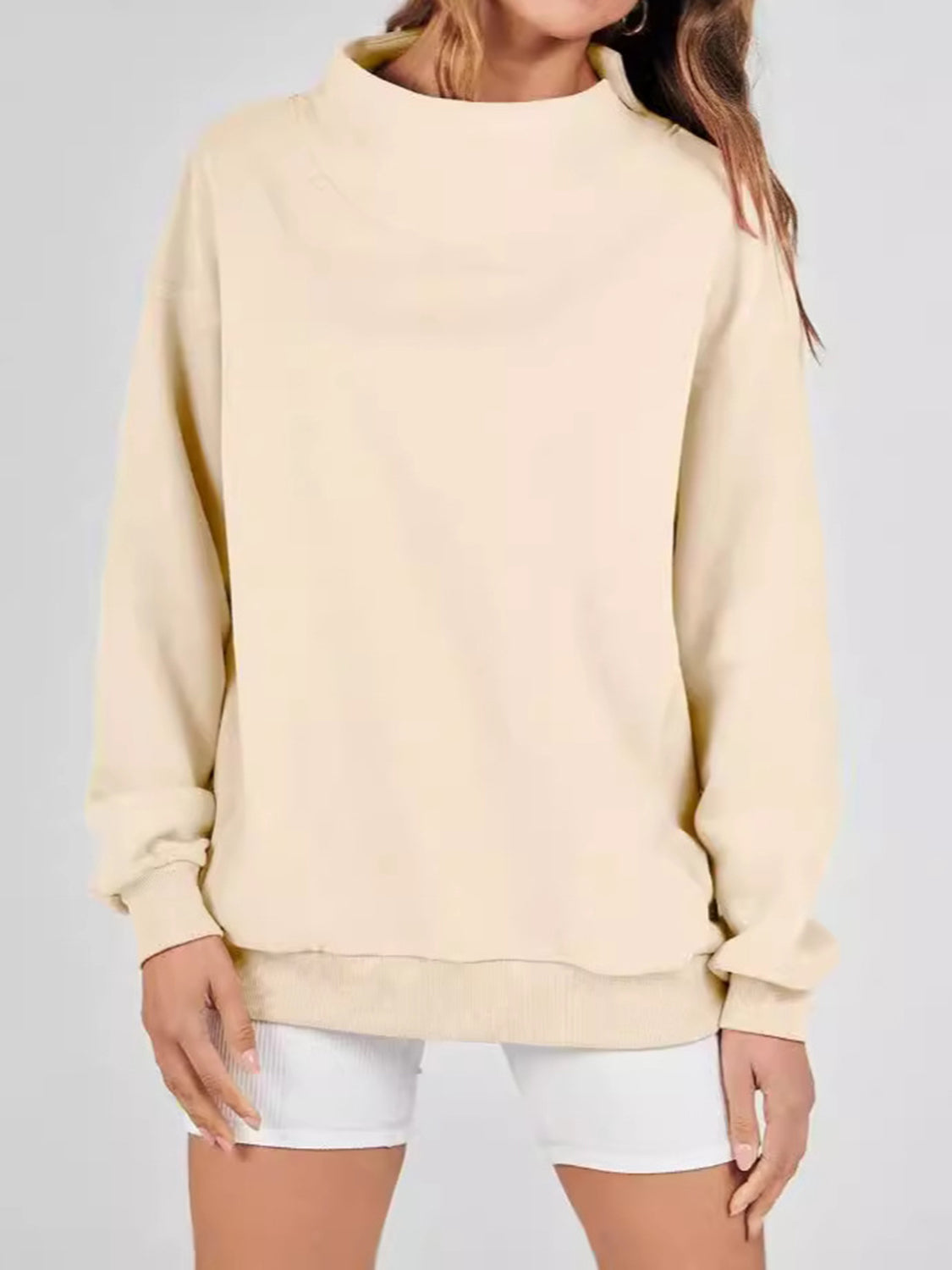 Blue Zone Planet | Mock Neck Drop Shoulder Long Sleeve Sweatshirt-TOPS / DRESSES-[Adult]-[Female]-Tan-S-2022 Online Blue Zone Planet