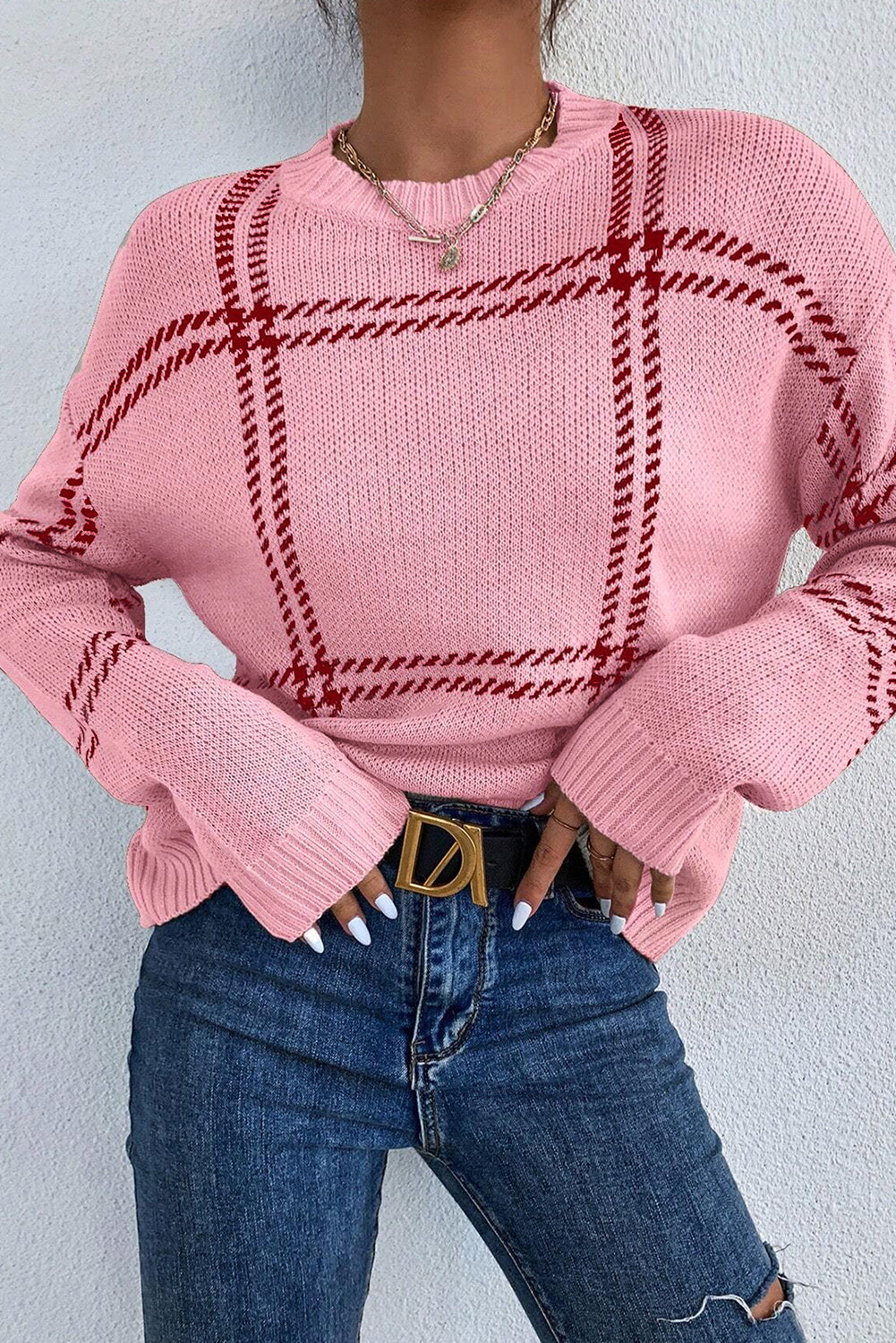 Pink Plaid Pattern Knitted Drop Shoulder Sweater-Sweaters & Cardigans/Sweaters-[Adult]-[Female]-Pink-S-2022 Online Blue Zone Planet