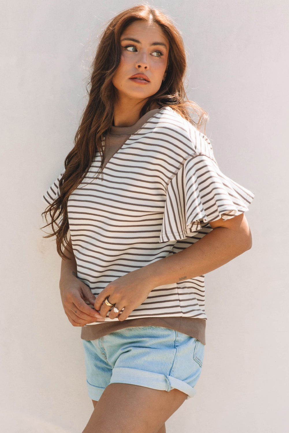 Parchment Contrast Detail Striped Ruffle Short Sleeve Top-Tops/Blouses & Shirts-[Adult]-[Female]-2022 Online Blue Zone Planet