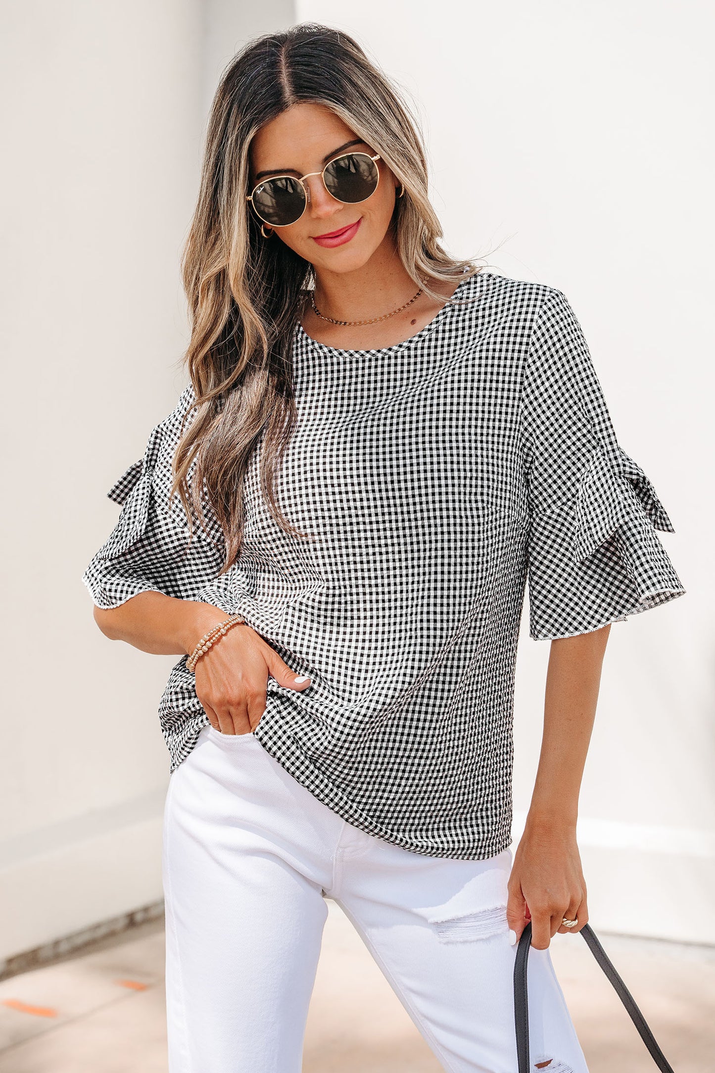 Black Plaid Bow Ruffled Half Sleeve Round Neck Blouse-Tops/Blouses & Shirts-[Adult]-[Female]-Black-S-2022 Online Blue Zone Planet