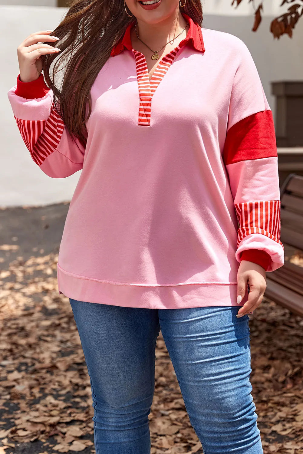 Plus Size Color Block Johnny Collar Long Sleeve Sweatshirt-TOPS / DRESSES-[Adult]-[Female]-Pink-1XL-2022 Online Blue Zone Planet