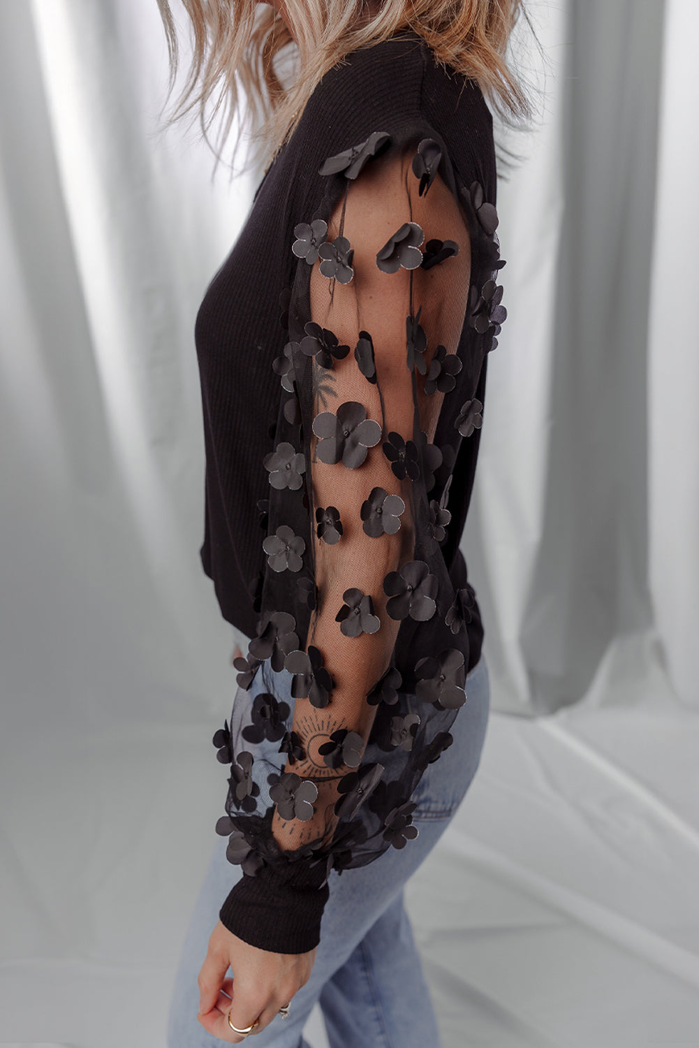 Black Flower Applique Mesh Long Sleeve V Neck Blouse-Tops/Blouses & Shirts-[Adult]-[Female]-2022 Online Blue Zone Planet