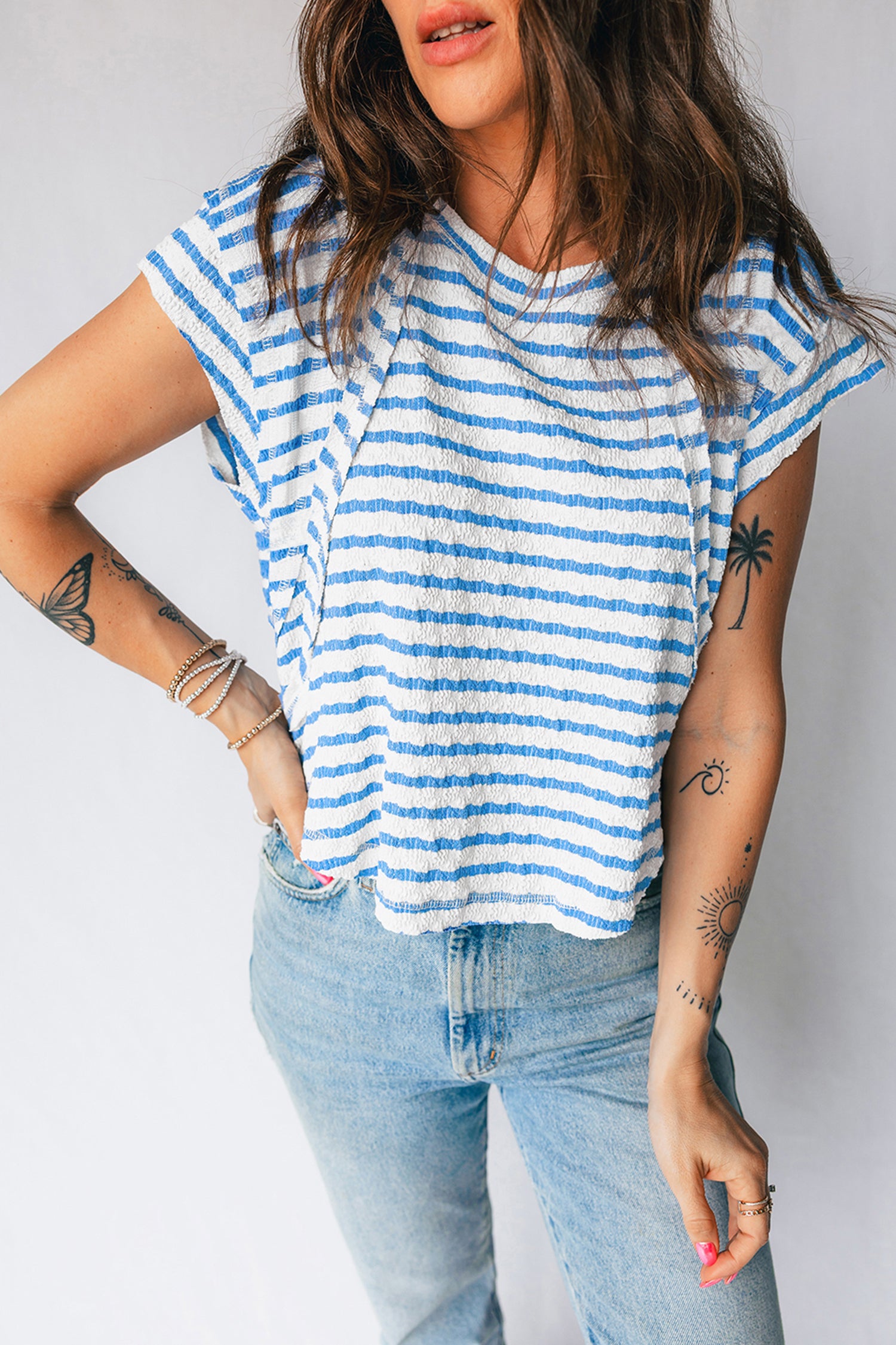 Blue Stripe Textured Short Sleeve Patchwork T Shirt-Tops/Tops & Tees-[Adult]-[Female]-Blue Stripe-S-2022 Online Blue Zone Planet