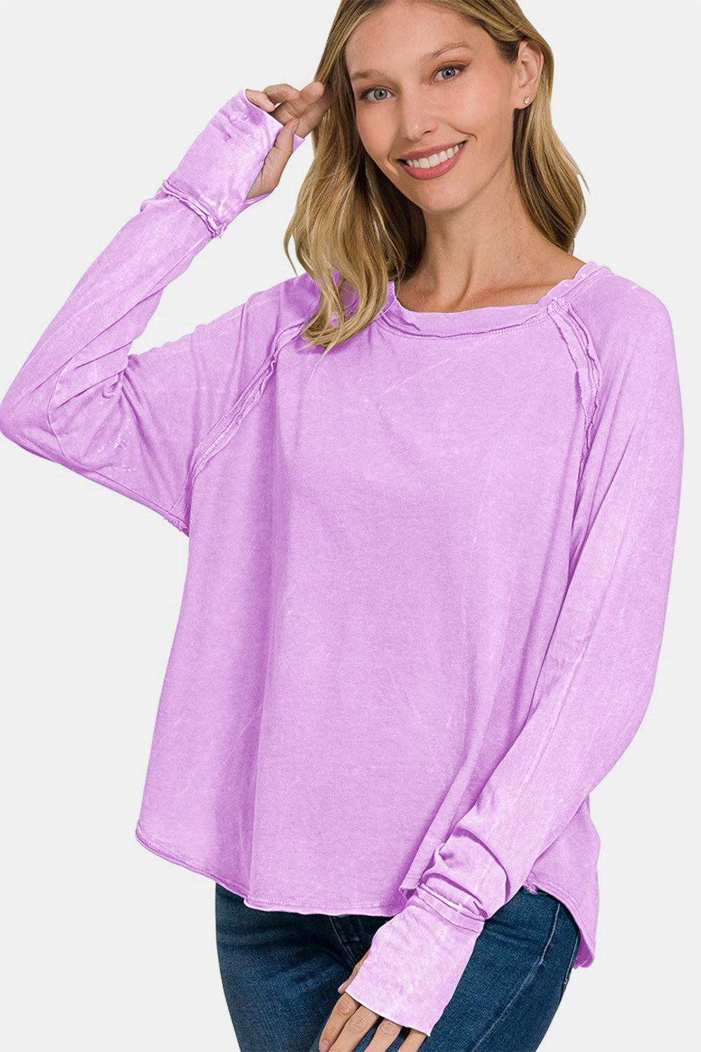 Zenana Round Neck Thumbhole Long Sleeve T-Shirt-TOPS / DRESSES-[Adult]-[Female]-2022 Online Blue Zone Planet